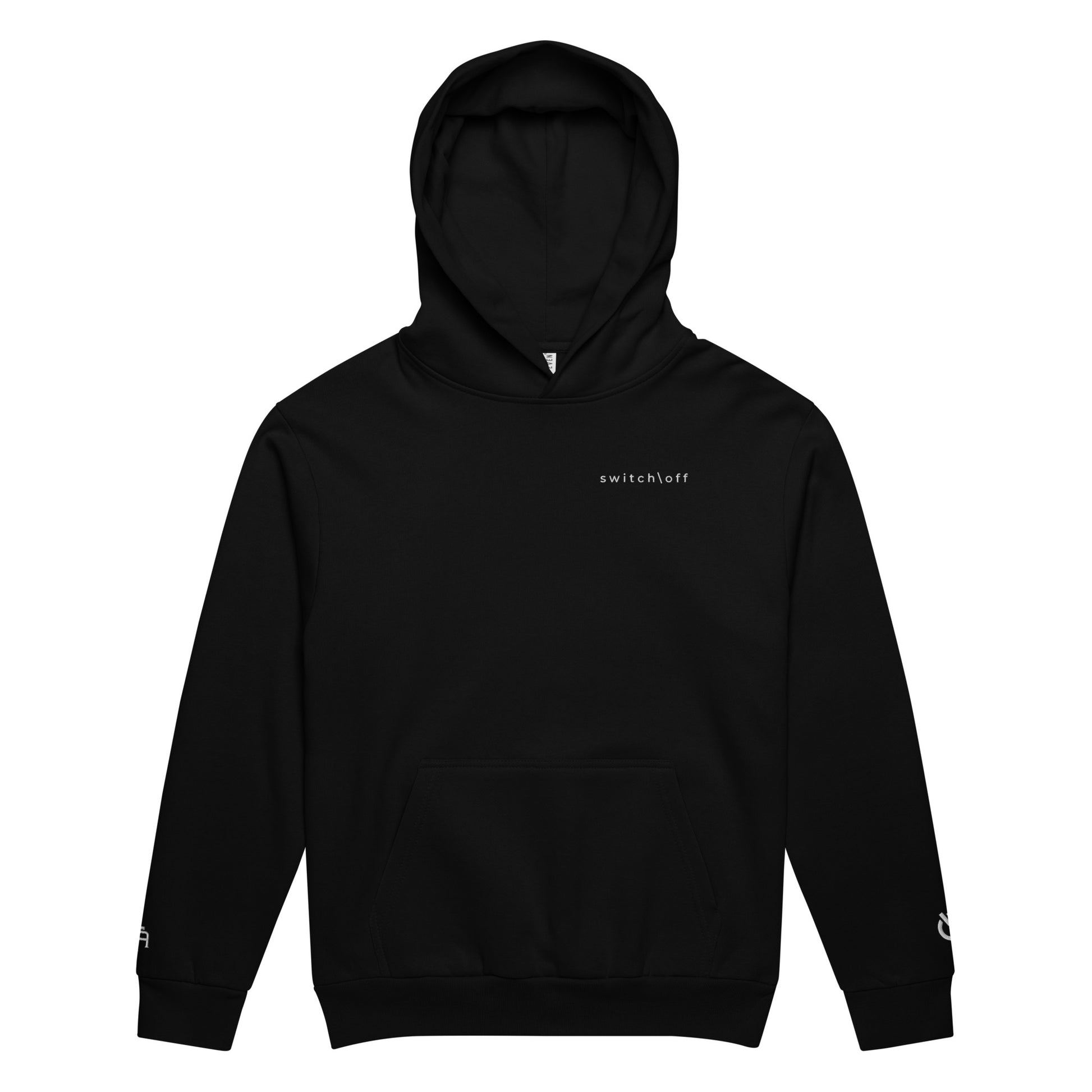 Oversized heavyweight 10 oz hoodie in black with white switch\off embroidery - An Athlete Trains. Front view 