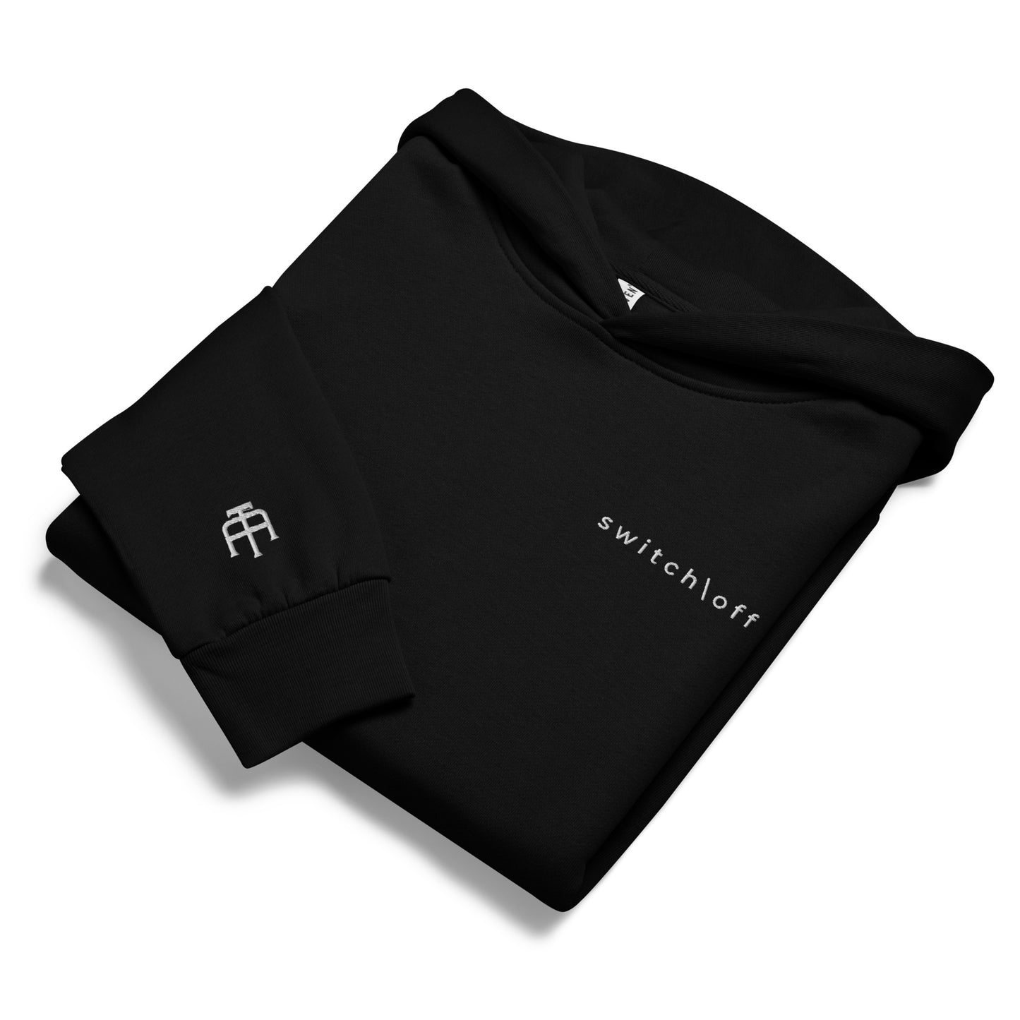 Oversized heavyweight 10 oz hoodie in black with white switch\off embroidery - An Athlete Trains. Front view 