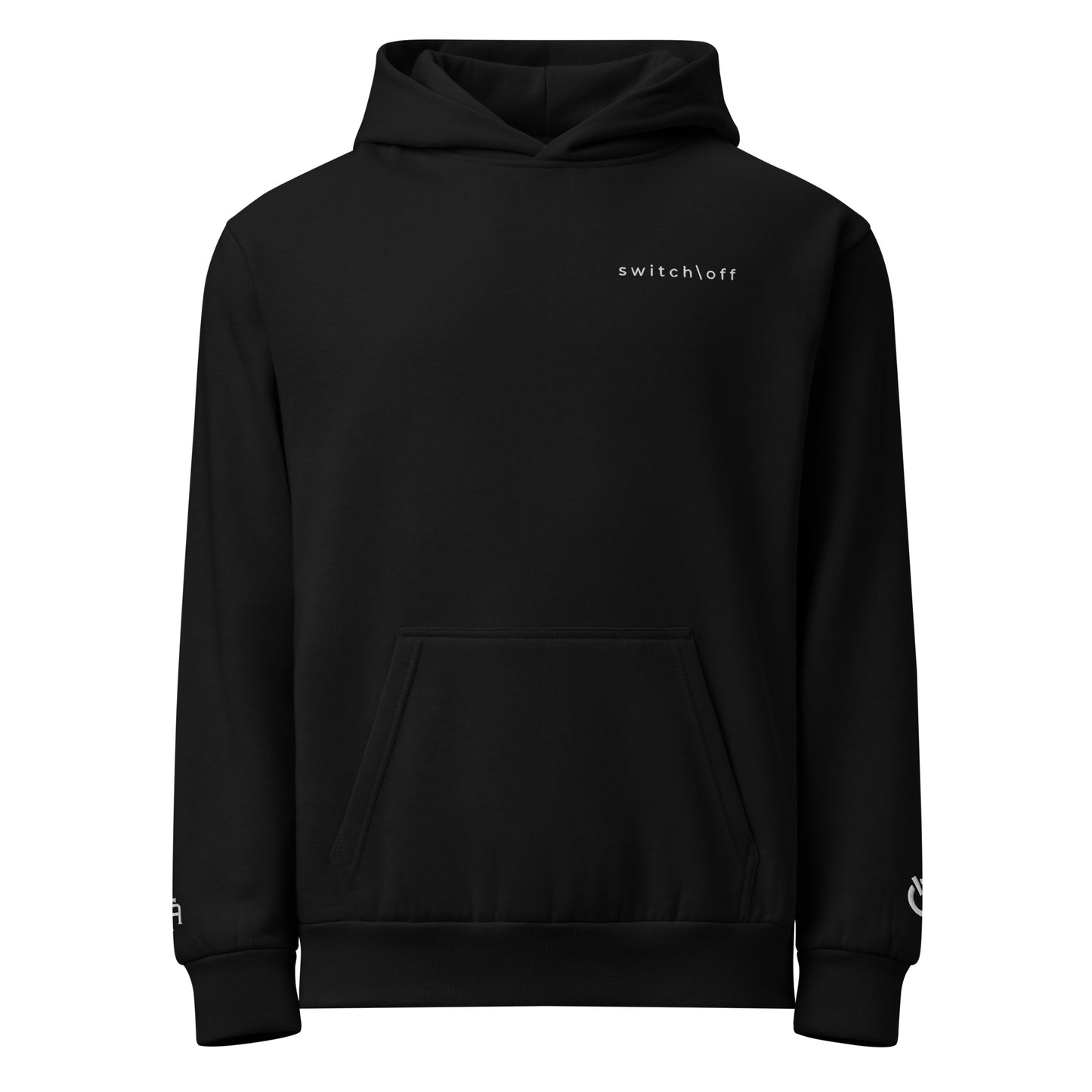 Oversized heavyweight 10 oz hoodie in black with white switch\off embroidery - An Athlete Trains. Front view 