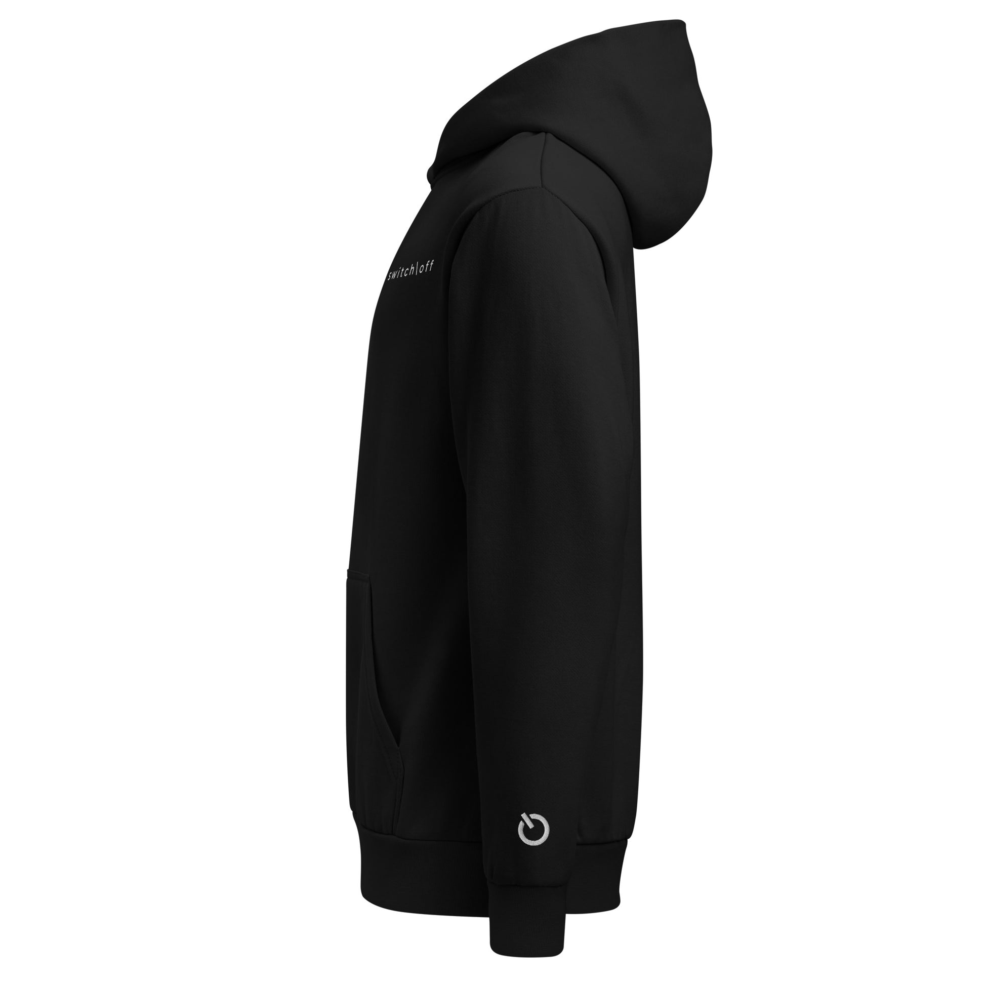 Oversized heavyweight 10 oz hoodie in black with white embroidery - An Athlete Trains. Side view
