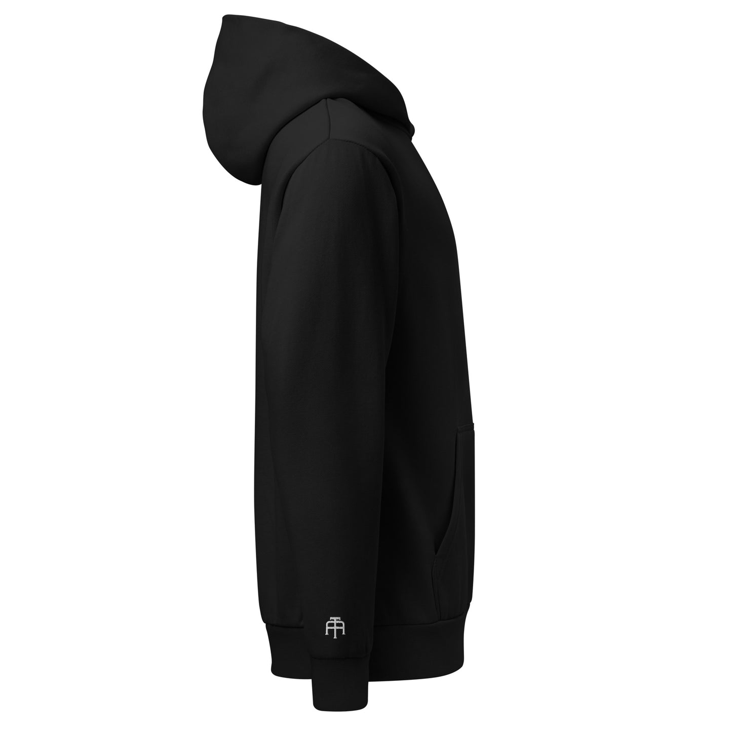 Oversized heavyweight 10 oz hoodie in black with white embroidery - An Athlete Trains. Side view
