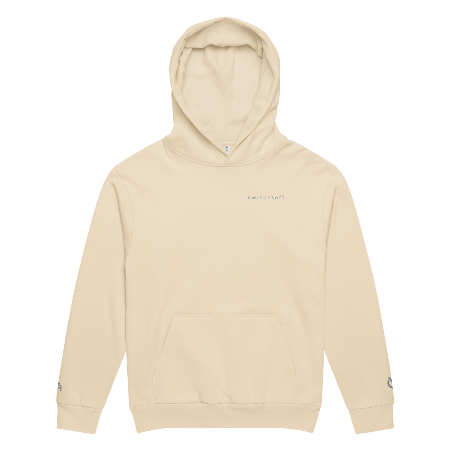 Oversized heavyweight 10 oz hoodie in sandshell with gray switch\off embroidery - An Athlete Trains. Front view 