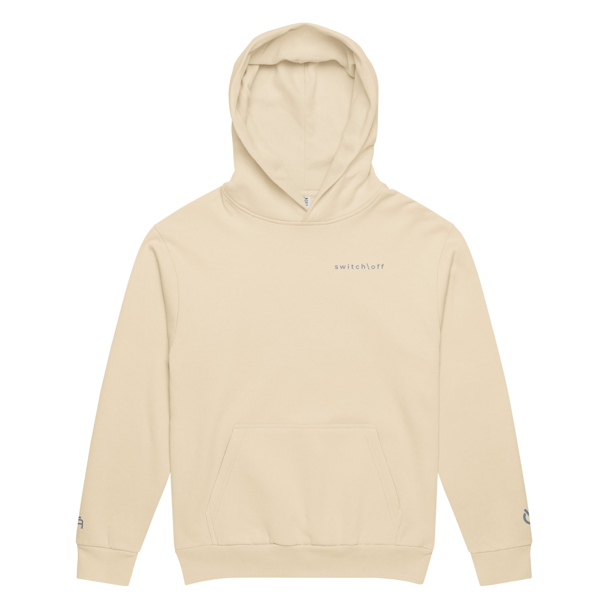 Oversized heavyweight 10 oz hoodie in sandshell with gray switch\off embroidery - An Athlete Trains. Front view 