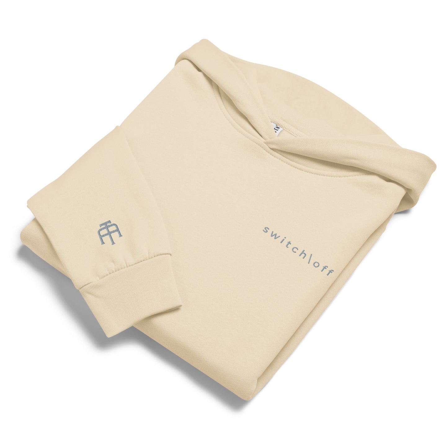 Oversized heavyweight 10 oz hoodie in sandshell with gray switch\off embroidery - An Athlete Trains. Front view 