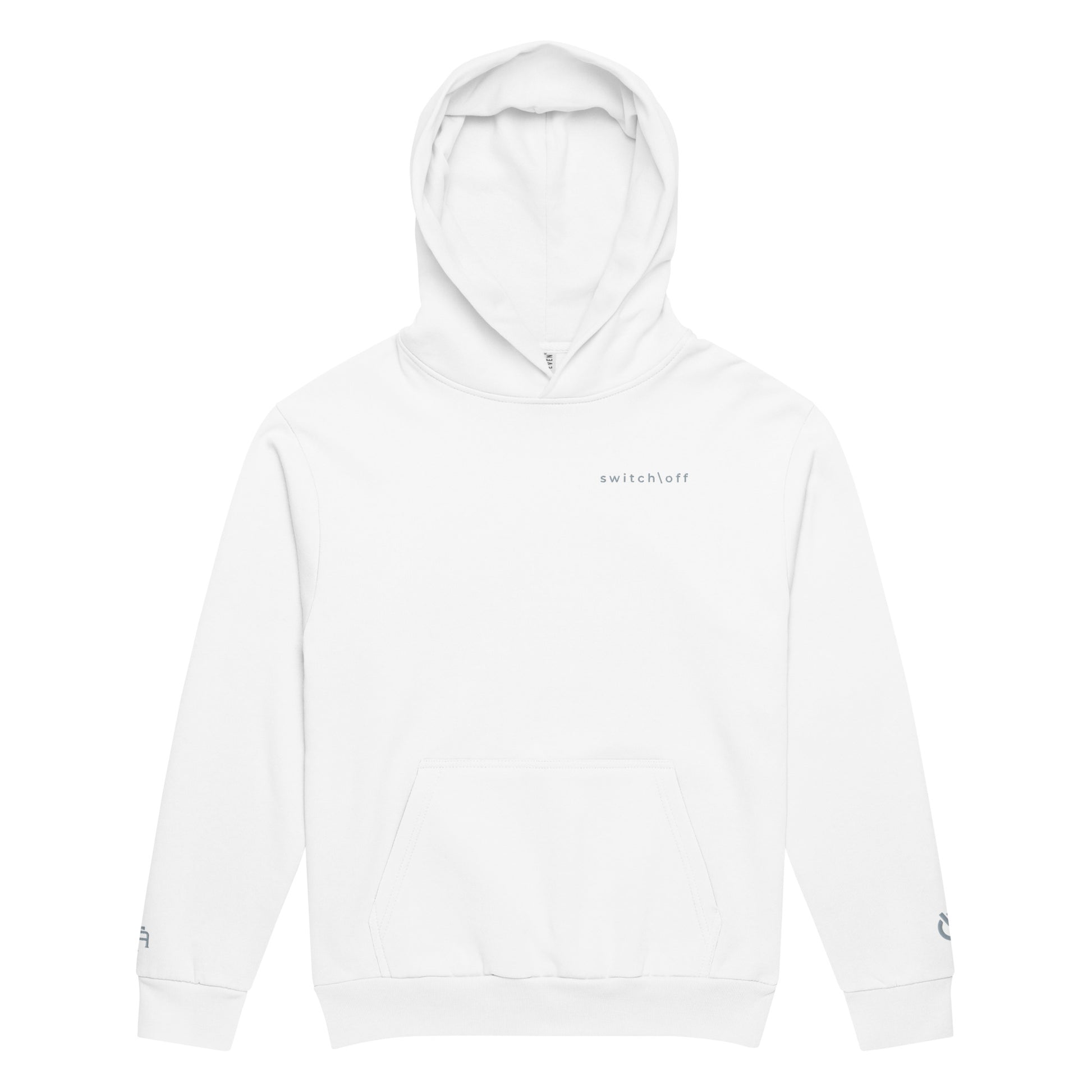 Oversized heavyweight 10 oz hoodie in white with gray switch\off embroidery - An Athlete Trains. Front view 