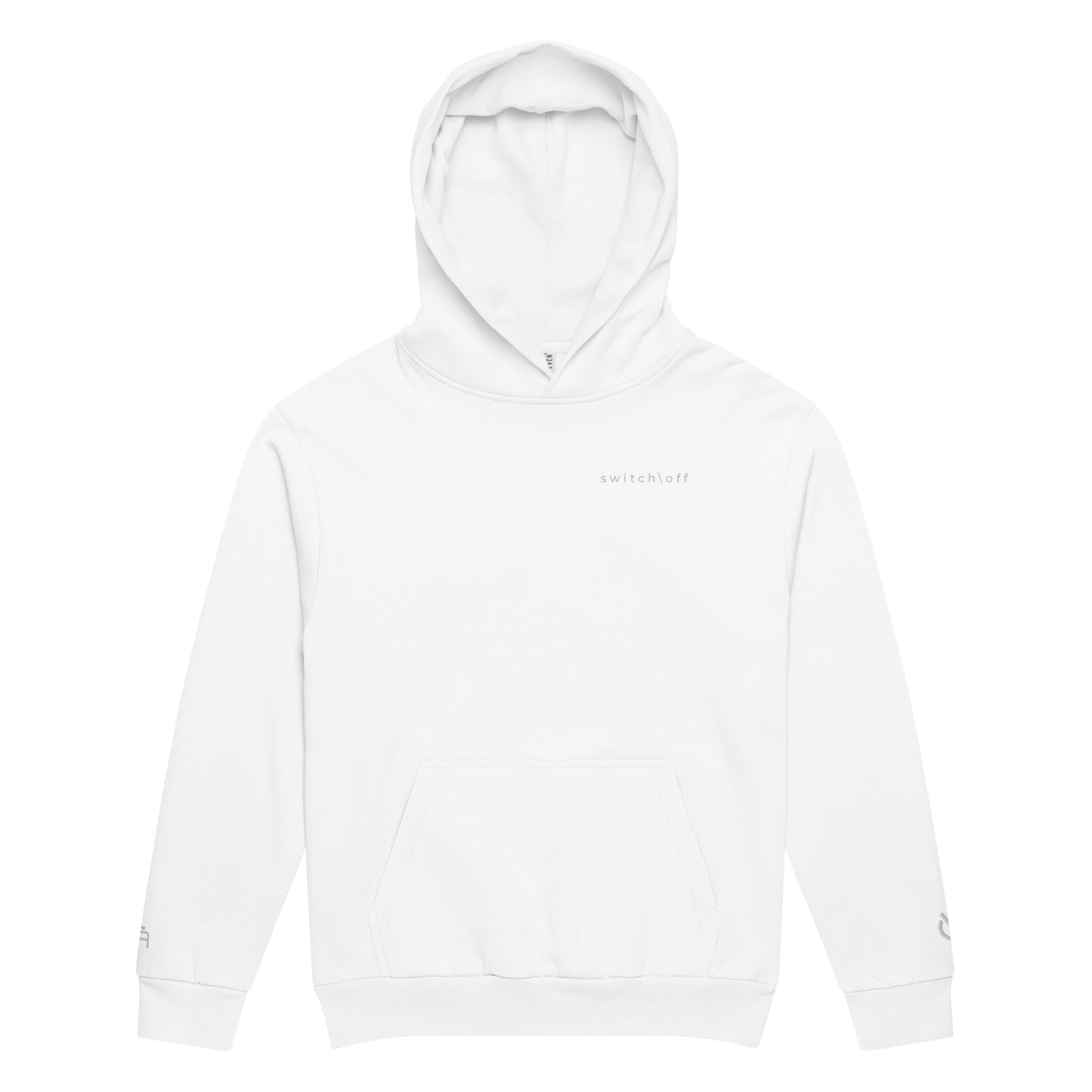 Oversized heavyweight 10 oz hoodie in white with white switch\off embroidery - An Athlete Trains. Front view 