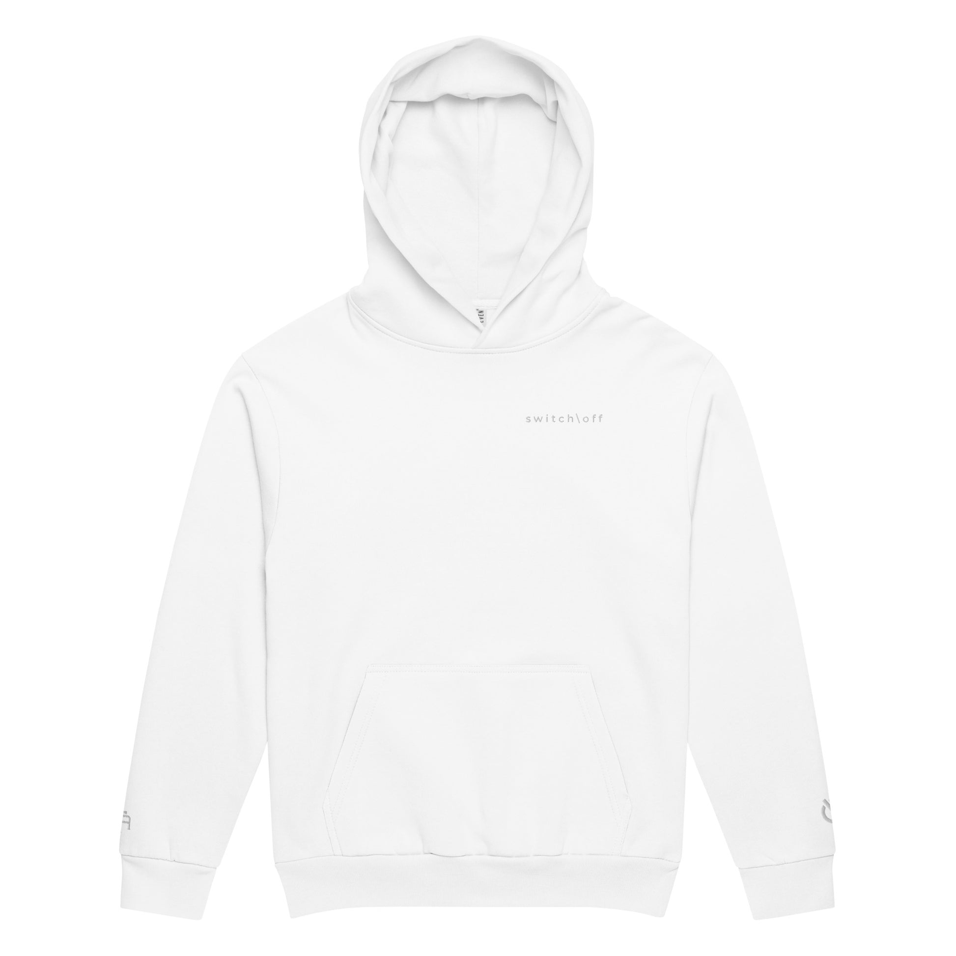 Oversized heavyweight 10 oz hoodie in white with white switch\off embroidery - An Athlete Trains. Front view 