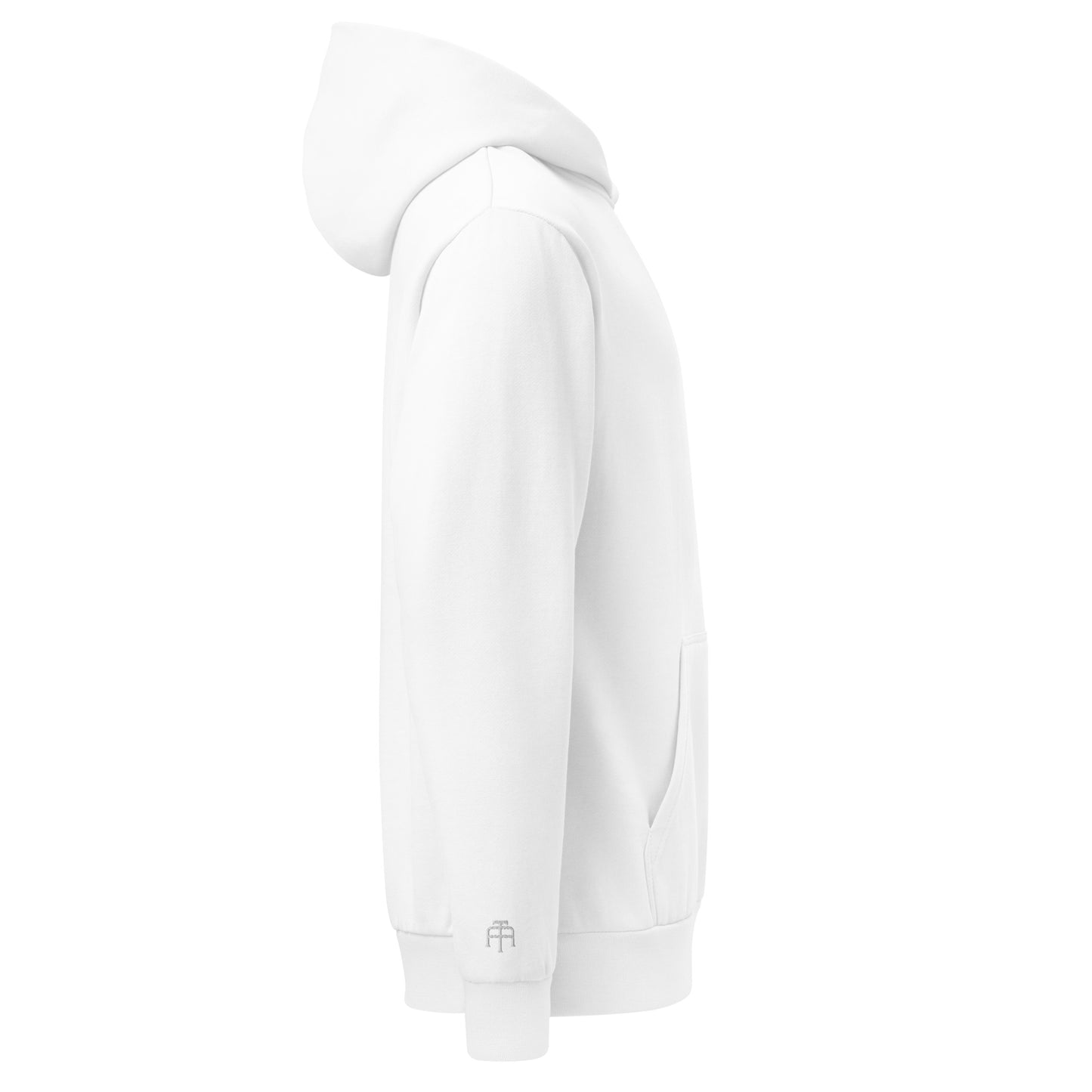 Oversized heavyweight 10 oz hoodie in white with white embroidery - An Athlete Trains. Side view