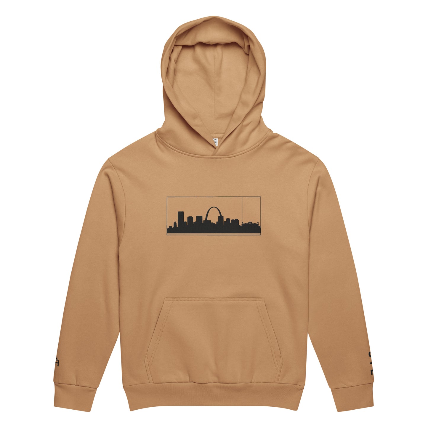 Burro color St. Louis Edition 10oz heavyweight urban hoodie featuring Gateway Arch embroidery and structured Midwest grit | Our City | An Athlete Trains
