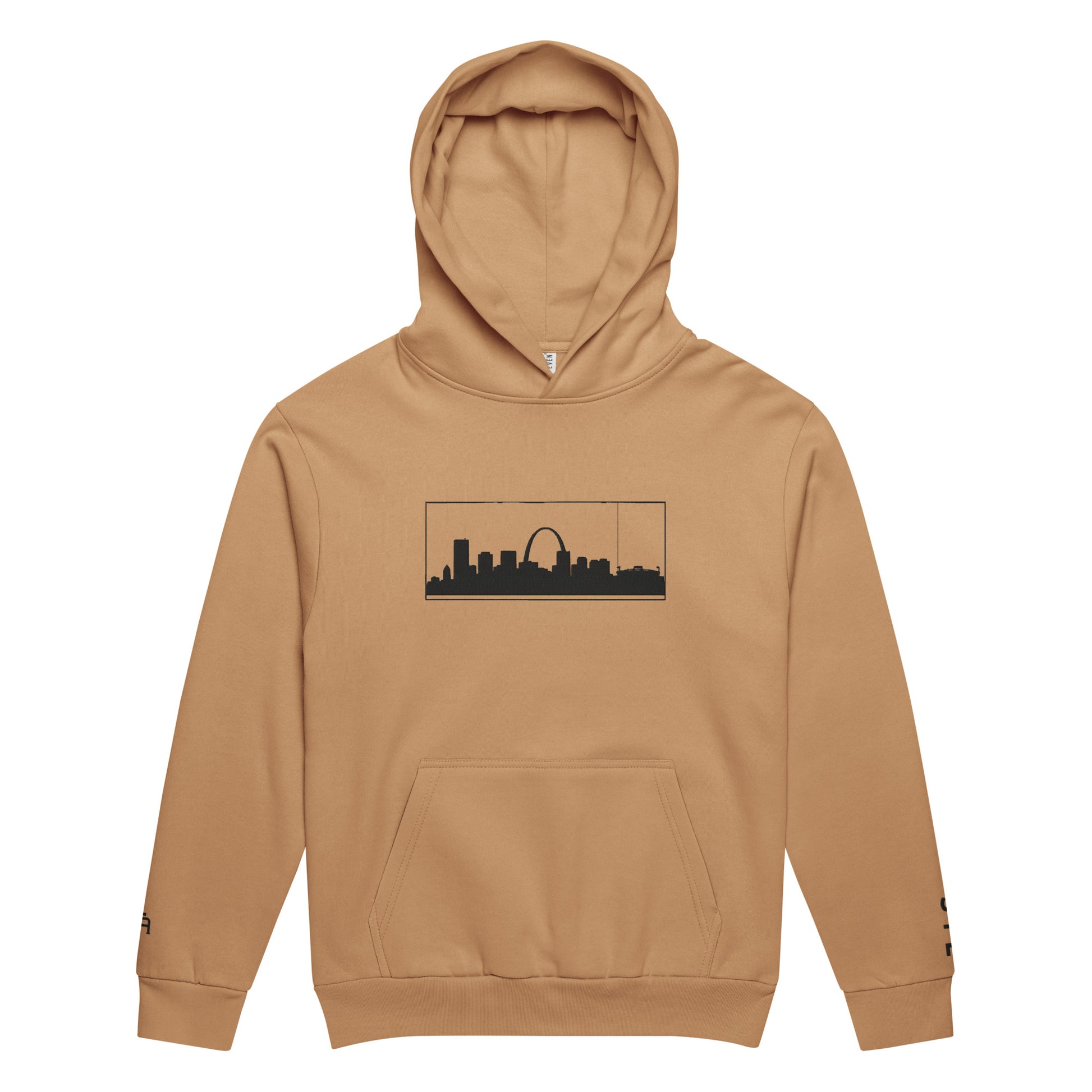 Burro color St. Louis Edition 10oz heavyweight urban hoodie featuring Gateway Arch embroidery and structured Midwest grit | Our City | An Athlete Trains