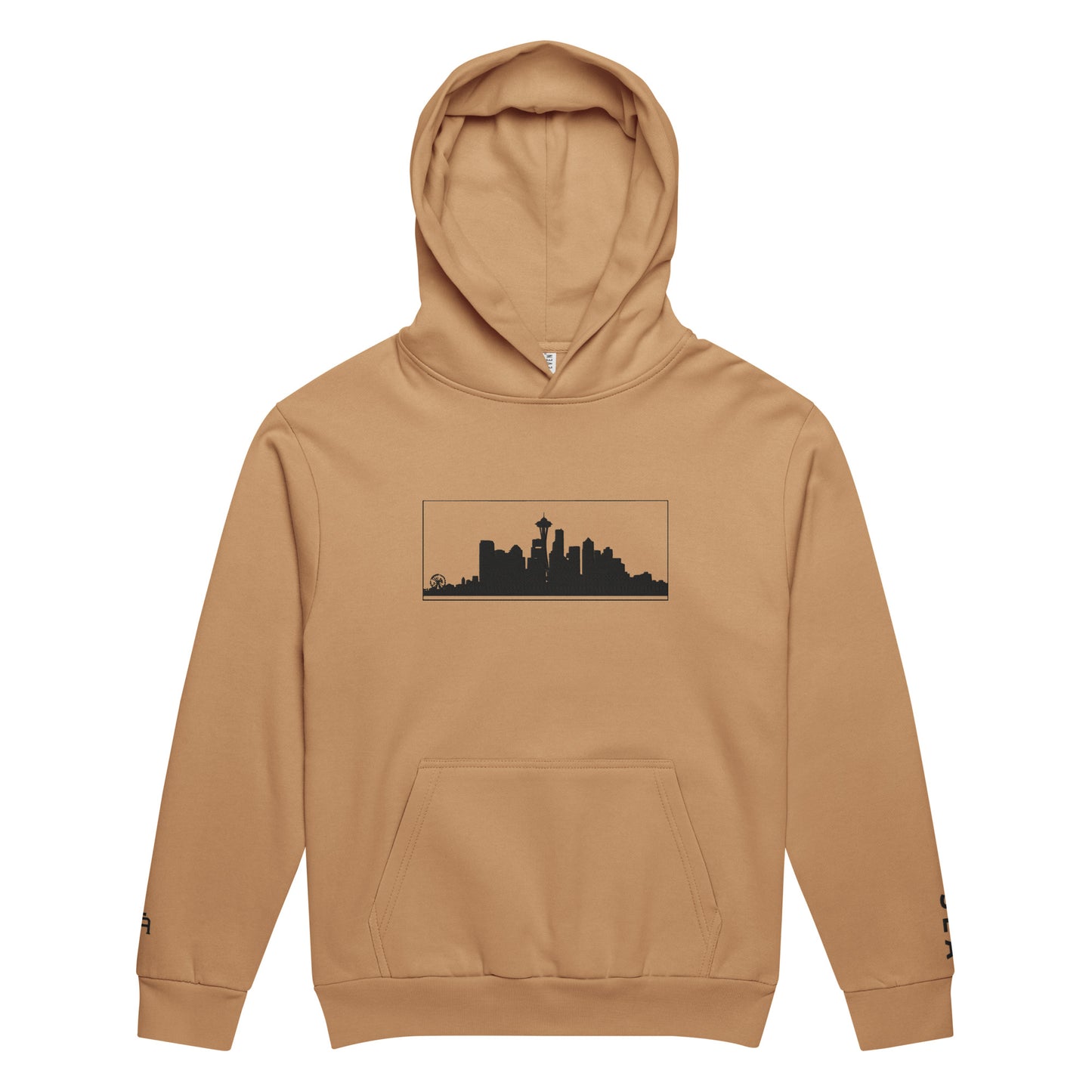 Burro color Seattle Edition 10oz heavyweight urban hoodie featuring Space Needle skyline embroidery and structured PNW style | Our City | An Athlete Trains