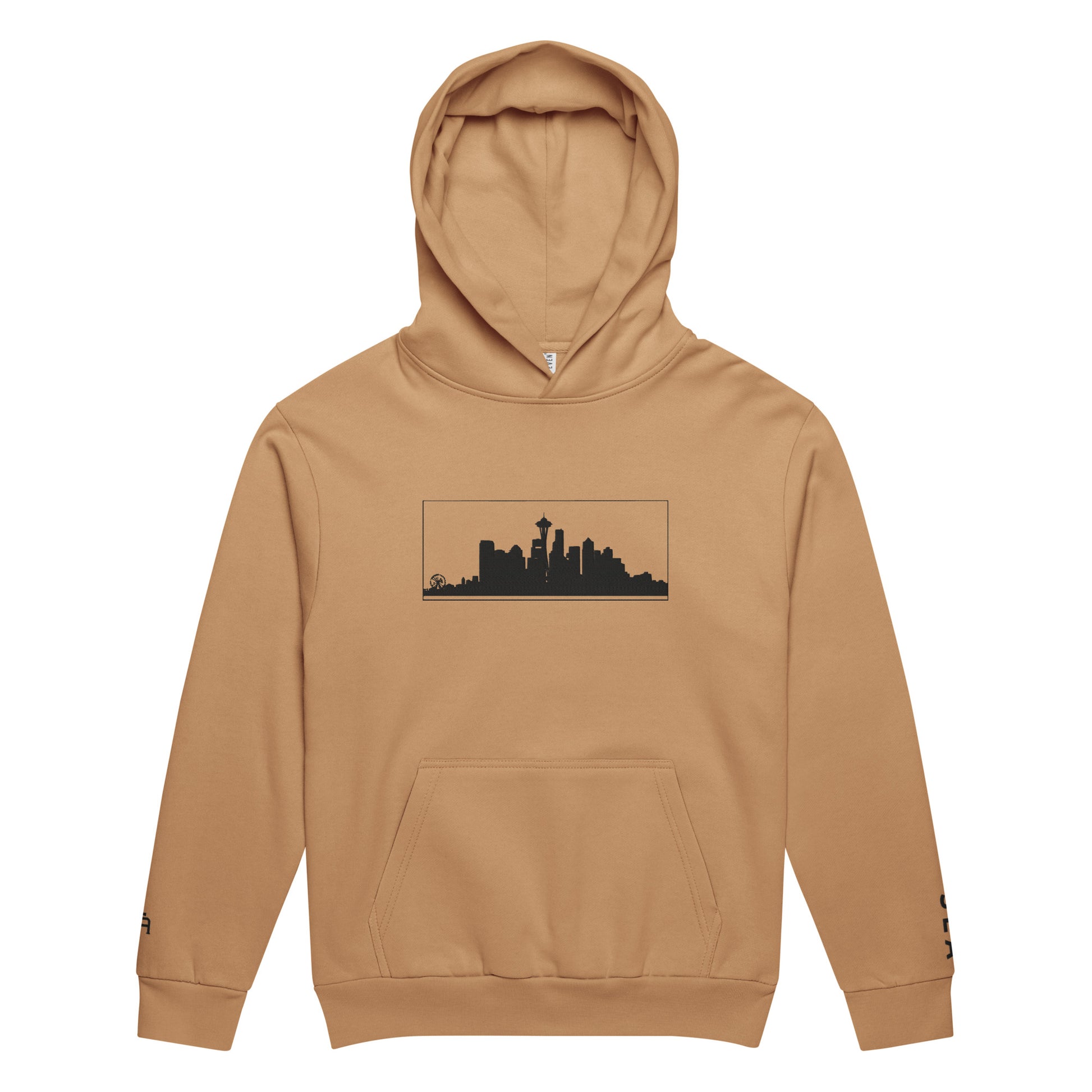 Burro color Seattle Edition 10oz heavyweight urban hoodie featuring Space Needle skyline embroidery and structured PNW style | Our City | An Athlete Trains