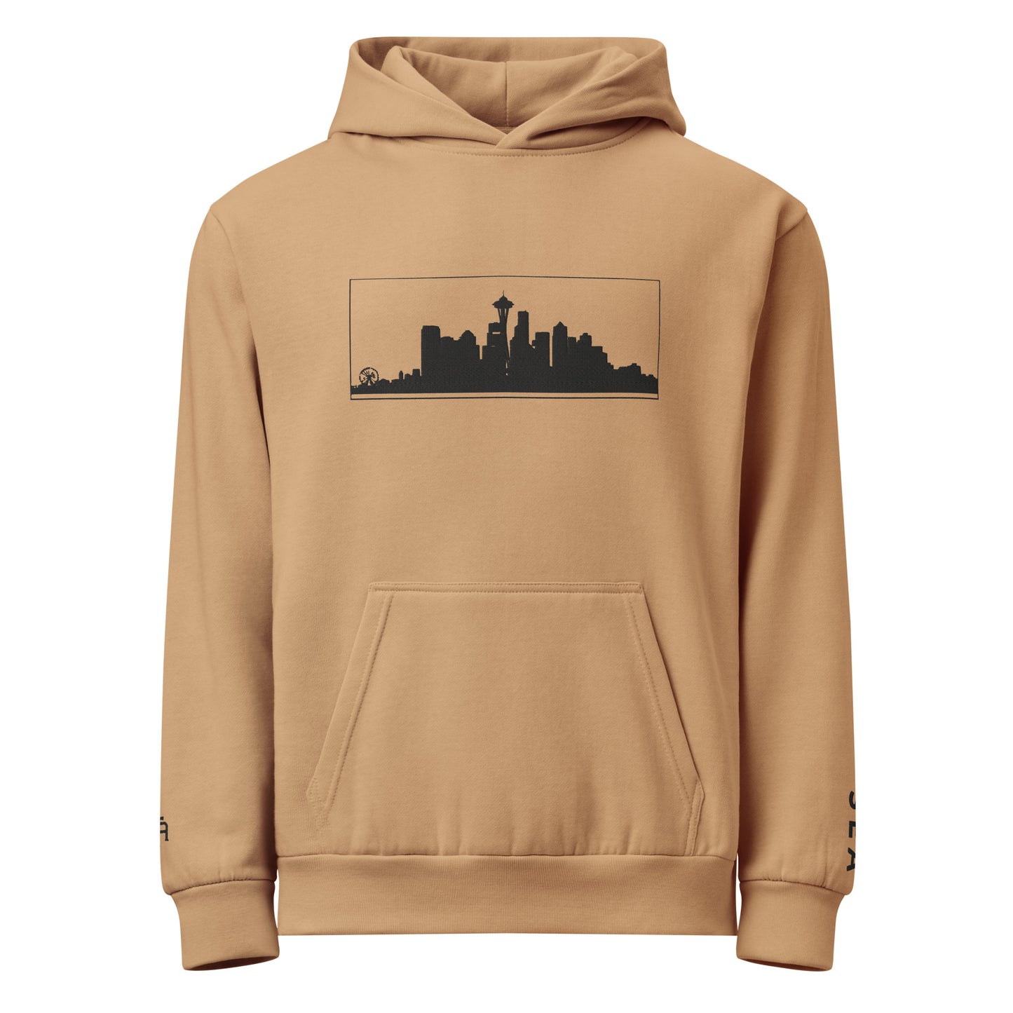 Burro color Seattle Edition 10oz heavyweight urban hoodie featuring Space Needle skyline embroidery and structured PNW style | Our City | An Athlete Trains
