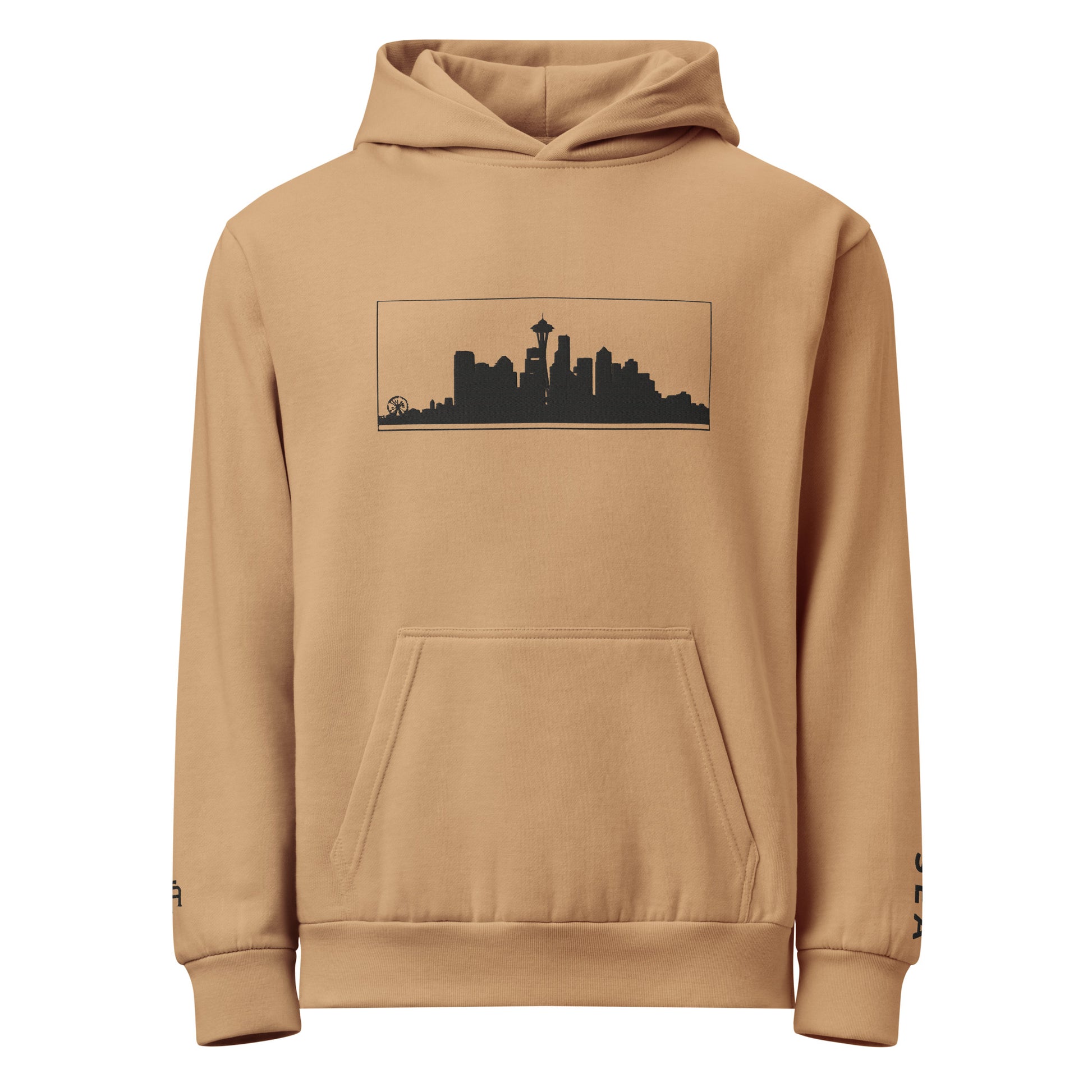 Burro color Seattle Edition 10oz heavyweight urban hoodie featuring Space Needle skyline embroidery and structured PNW style | Our City | An Athlete Trains