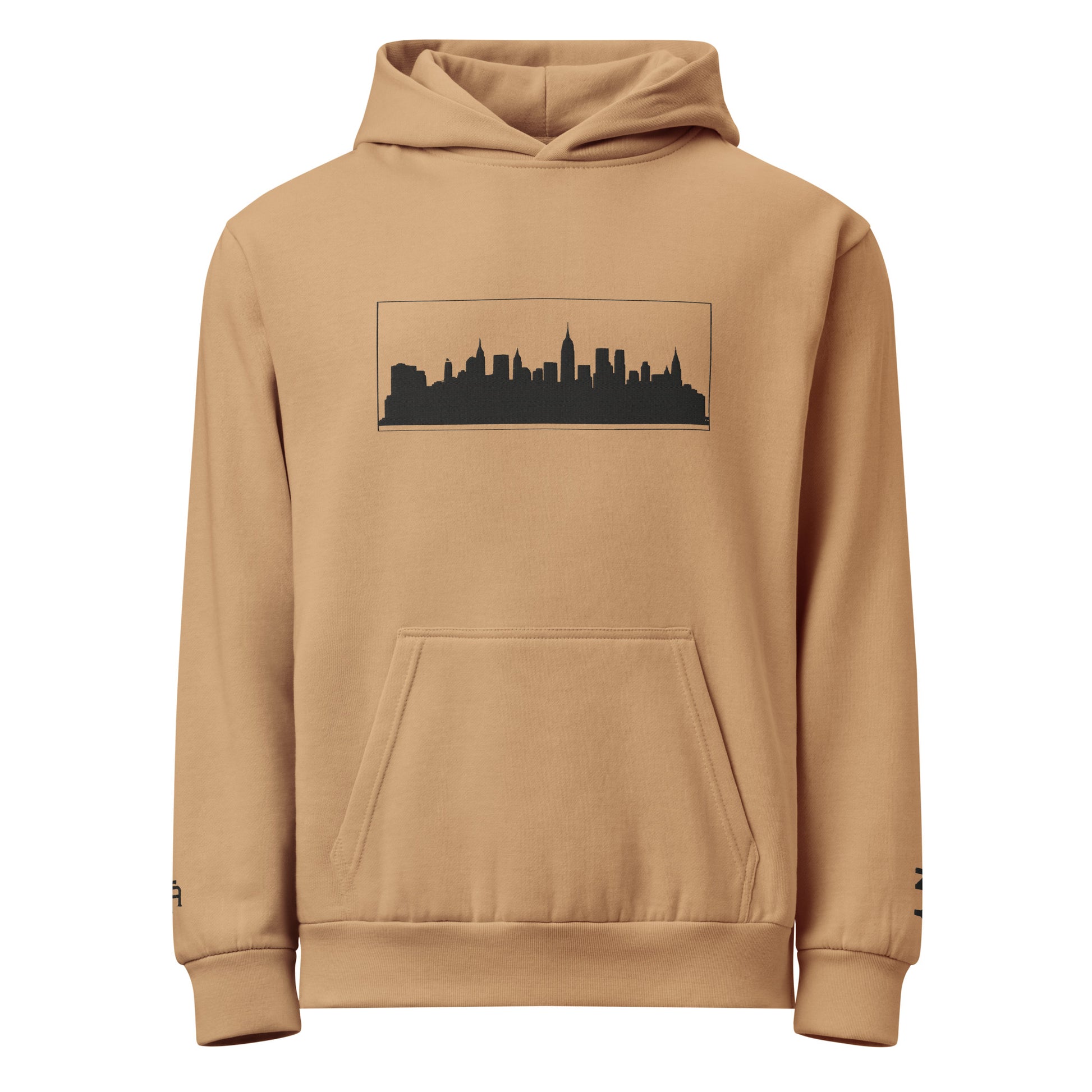 Burro color New York Edition 10oz heavyweight urban hoodie with boxy fit and embroidered NYC skyline | Our City | An Athlete Trains