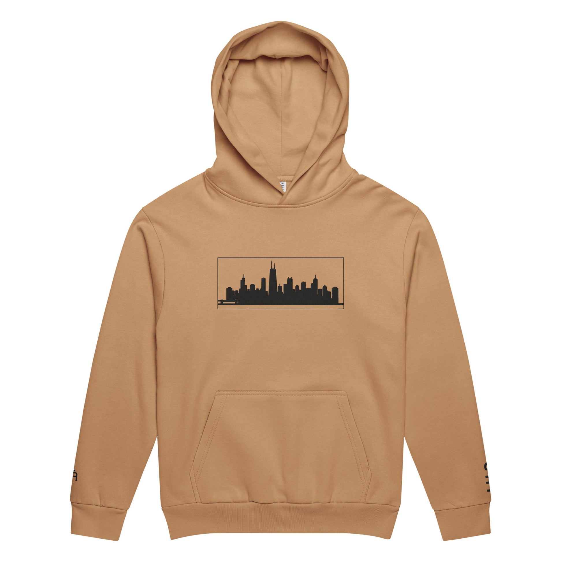 Burro color Chicago Edition heavyweight urban hoodie featuring 10oz fleece and high-density Chicago skyline embroidery | Our City | An Athlete Trains