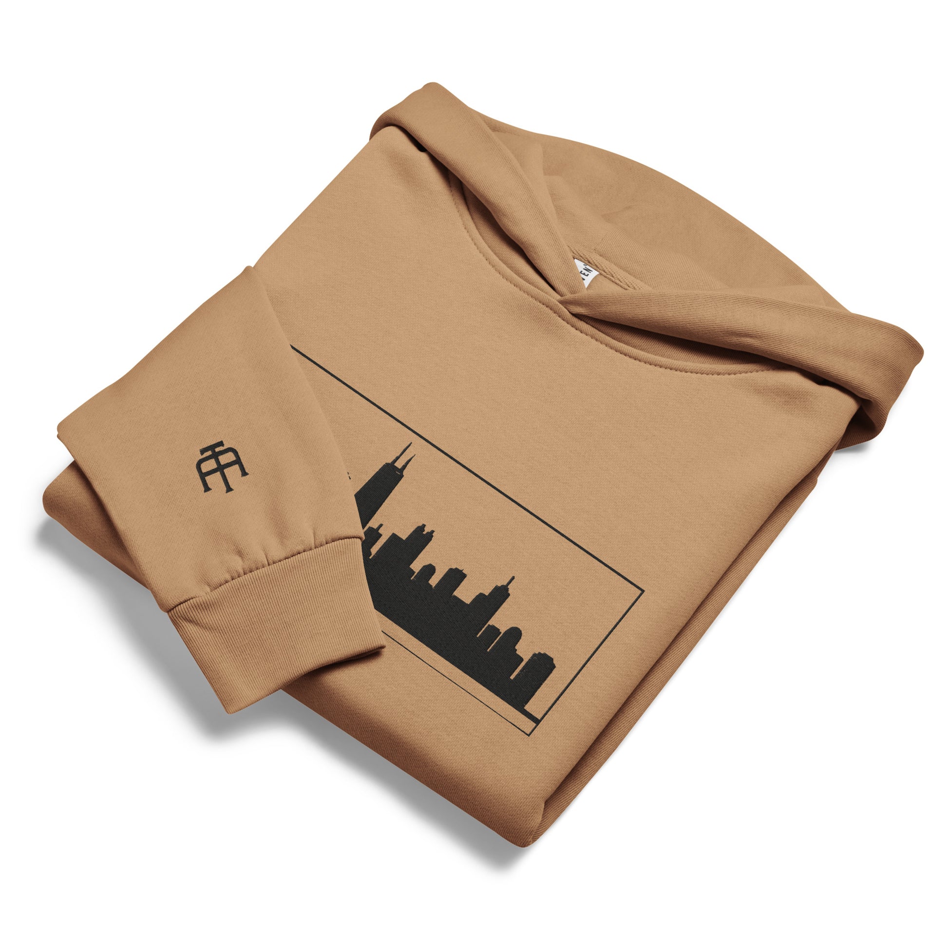 Burro color Chicago Edition heavyweight urban hoodie featuring 10oz fleece and high-density Chicago skyline embroidery | Our City | An Athlete Trains