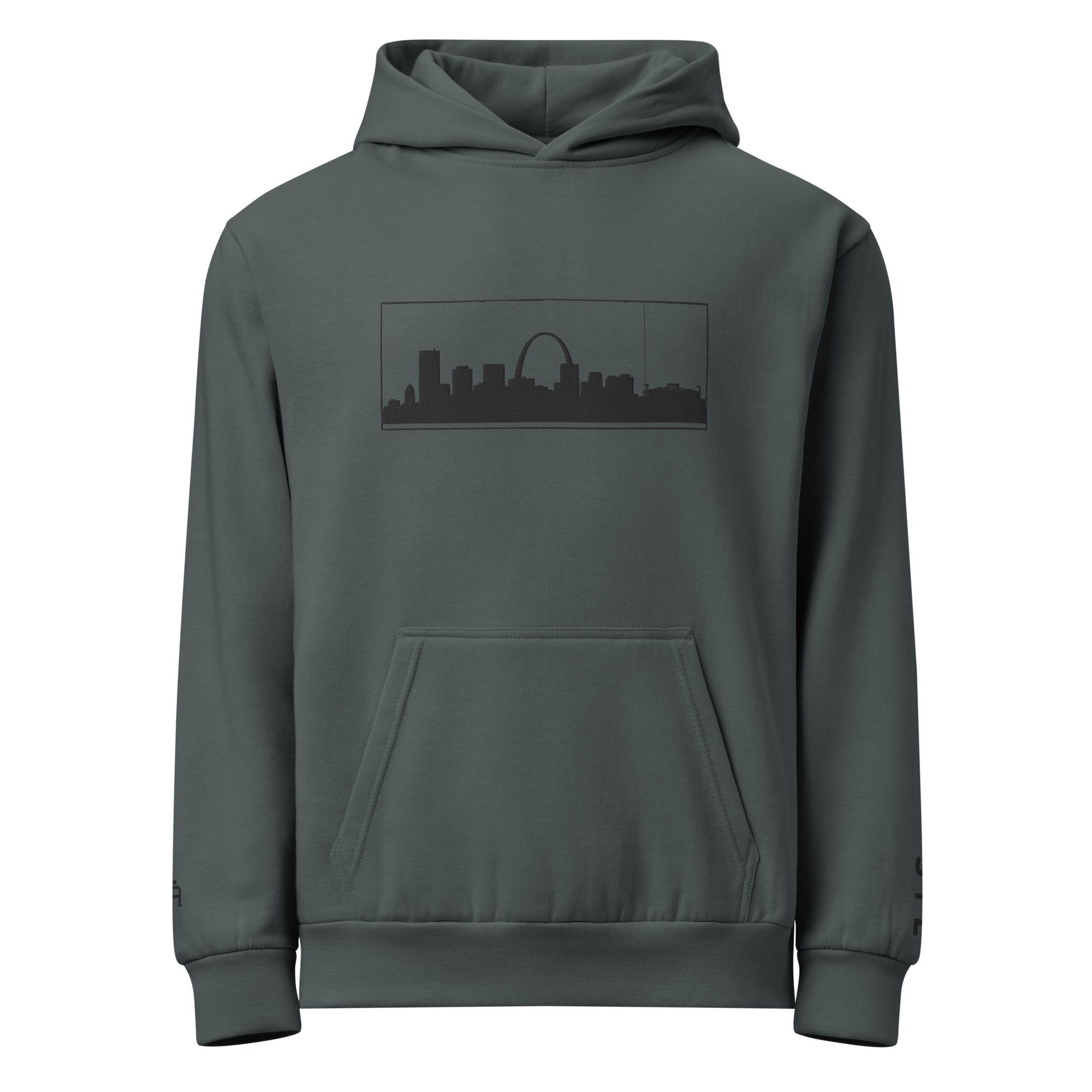 Midnight navy St. Louis Edition 10oz heavyweight urban hoodie featuring Gateway Arch embroidery and structured Midwest grit | Our City | An Athlete Trains