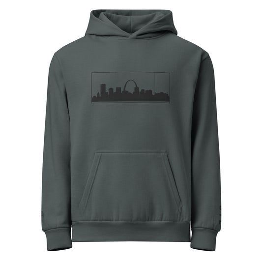 Midnight navy St. Louis Edition 10oz heavyweight urban hoodie featuring Gateway Arch embroidery and structured Midwest grit | Our City | An Athlete Trains