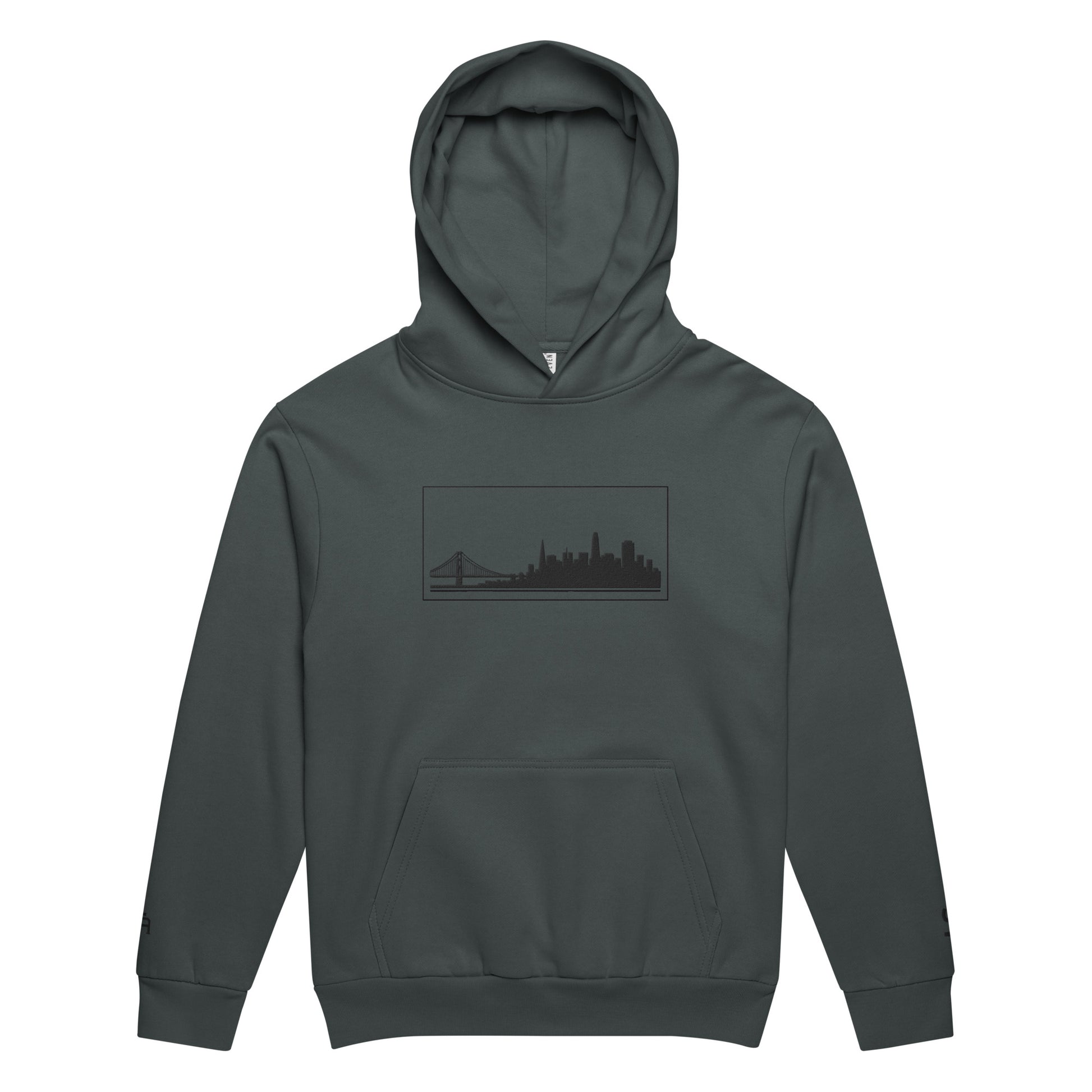 Midnight Navy color San Francisco Edition heavyweight urban hoodie with 10oz fleece and embroidered Golden Gate skyline | Our City | An Athlete Trains