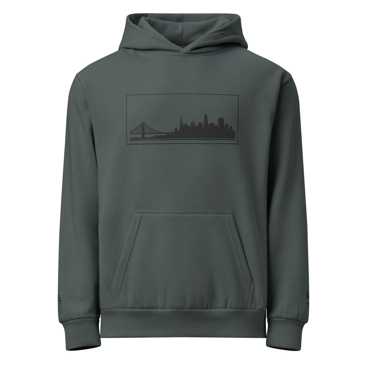 Midnight Navy color San Francisco Edition heavyweight urban hoodie with 10oz fleece and embroidered Golden Gate skyline | Our City | An Athlete Trains