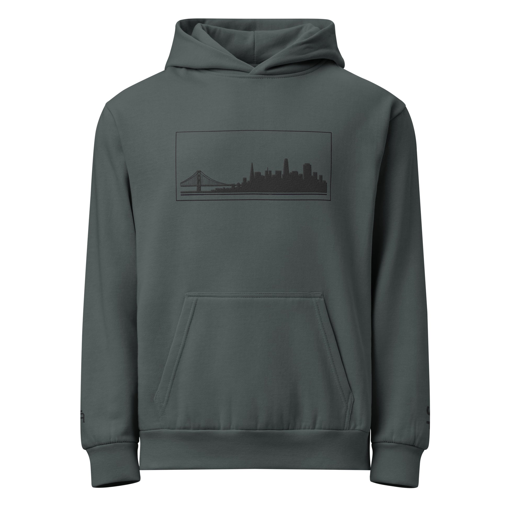 Midnight Navy color San Francisco Edition heavyweight urban hoodie with 10oz fleece and embroidered Golden Gate skyline | Our City | An Athlete Trains
