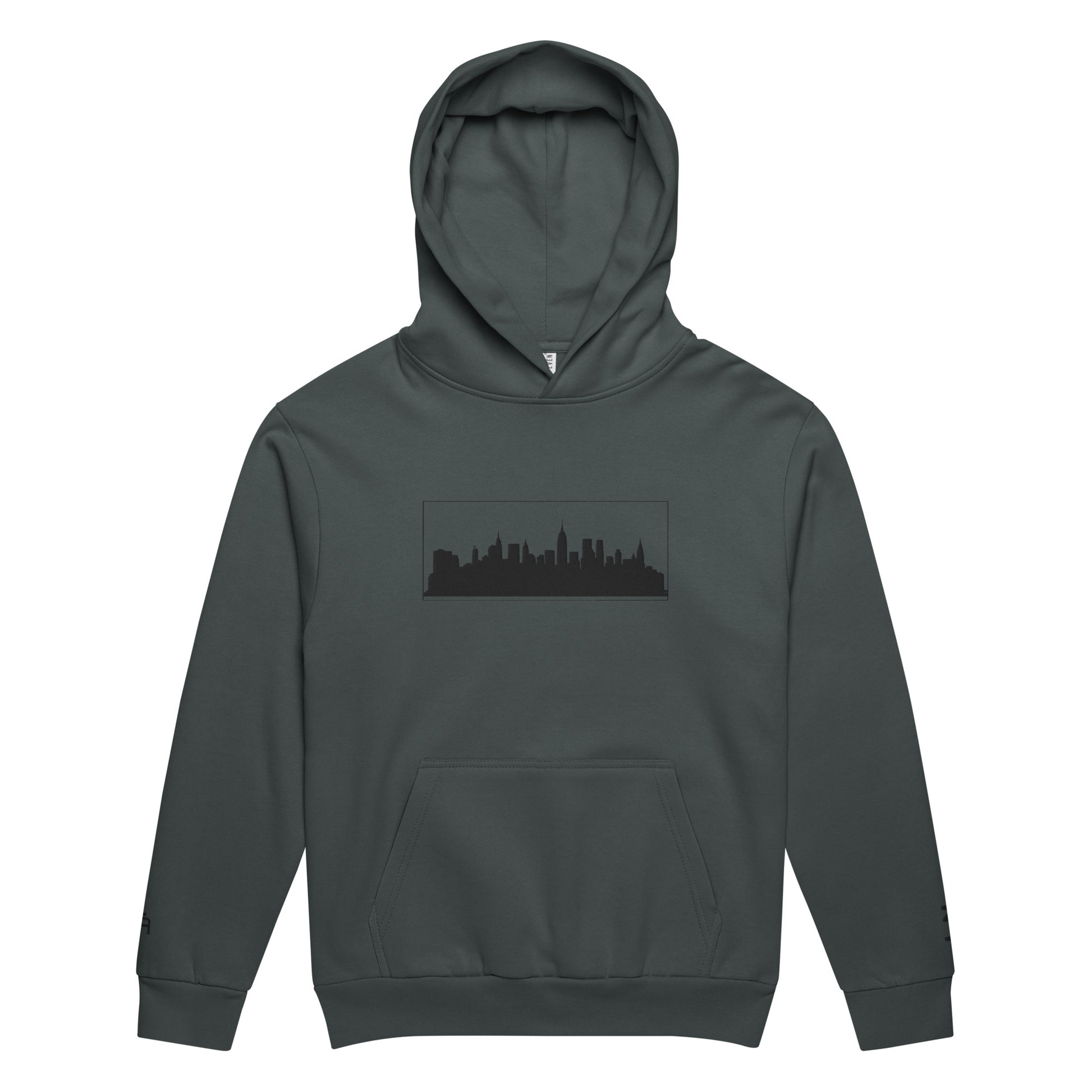 Midnight navy New York Edition 10oz heavyweight urban hoodie with boxy fit and embroidered NYC skyline | Our City | An Athlete Trains