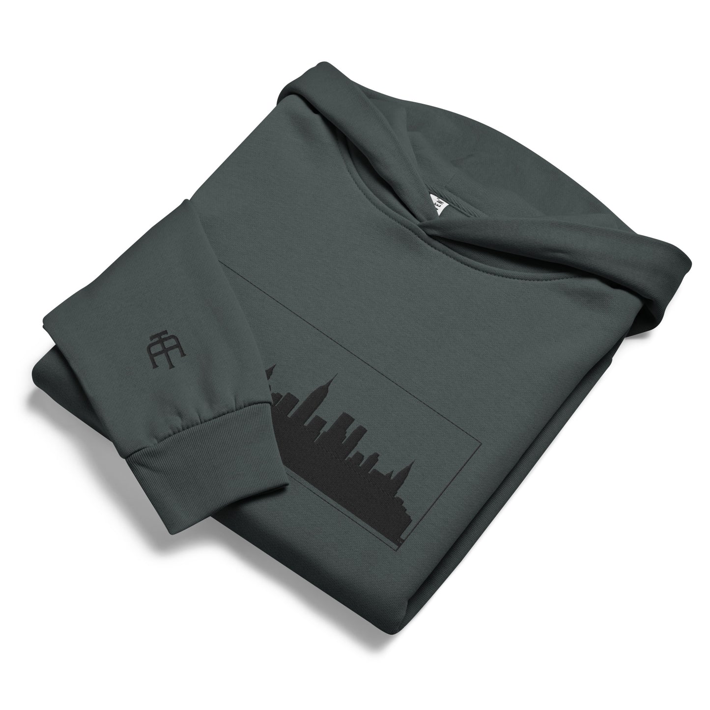 Midnight navy New York Edition 10oz heavyweight urban hoodie with boxy fit and embroidered NYC skyline | Our City | An Athlete Trains