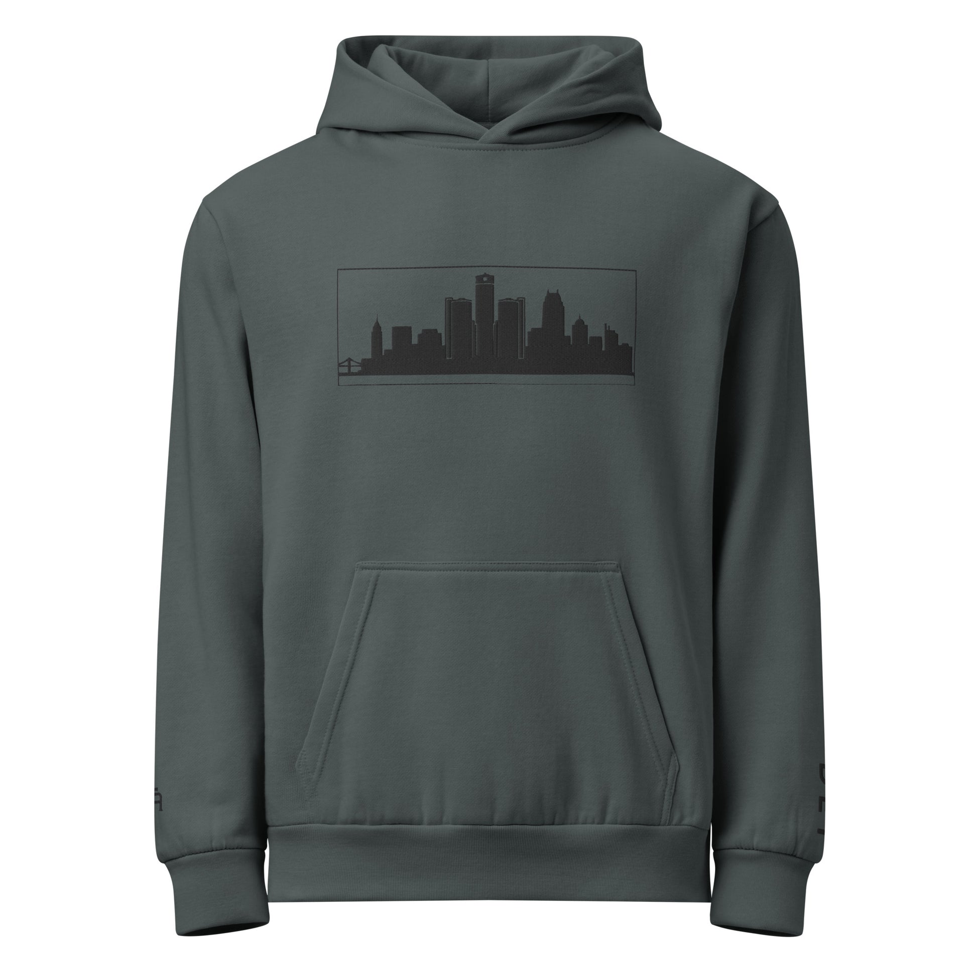 Midnight navy Detroit Edition 10oz heavyweight urban hoodie with structured fit and embroidered Detroit skyline | Our City | An Athlete Trains