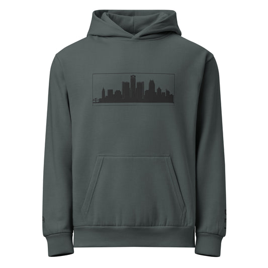 Midnight navy Detroit Edition 10oz heavyweight urban hoodie with structured fit and embroidered Detroit skyline | Our City | An Athlete Trains