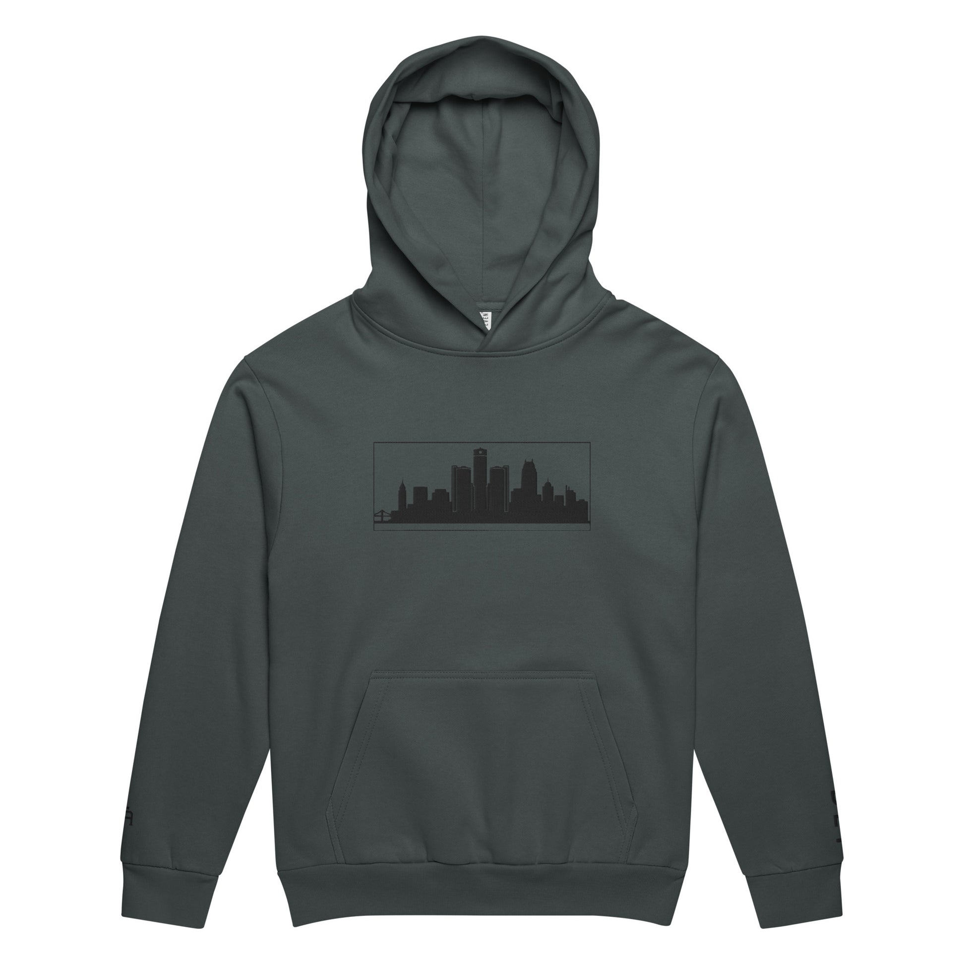 Midnight navy Detroit Edition 10oz heavyweight urban hoodie with structured fit and embroidered Detroit skyline | Our City | An Athlete Trains