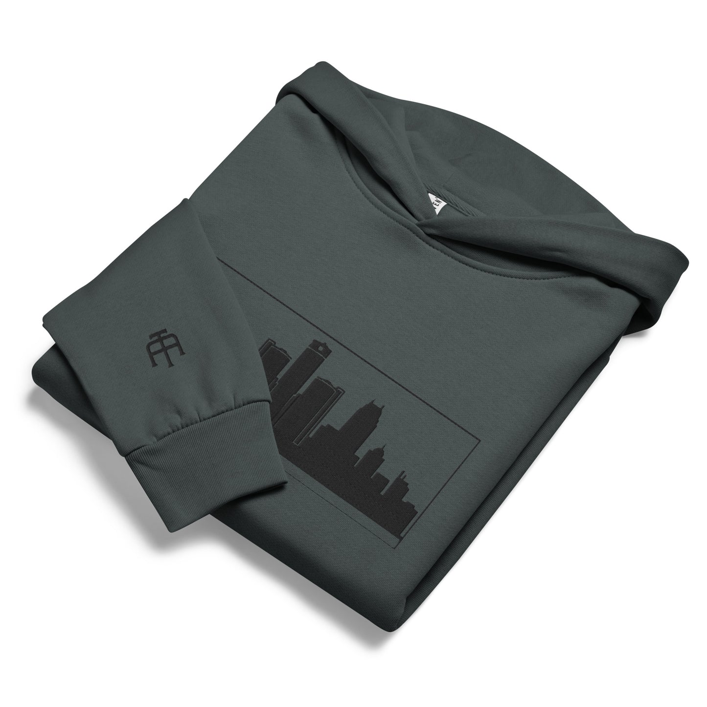 Midnight navy Detroit Edition 10oz heavyweight urban hoodie with structured fit and embroidered Detroit skyline | Our City | An Athlete Trains