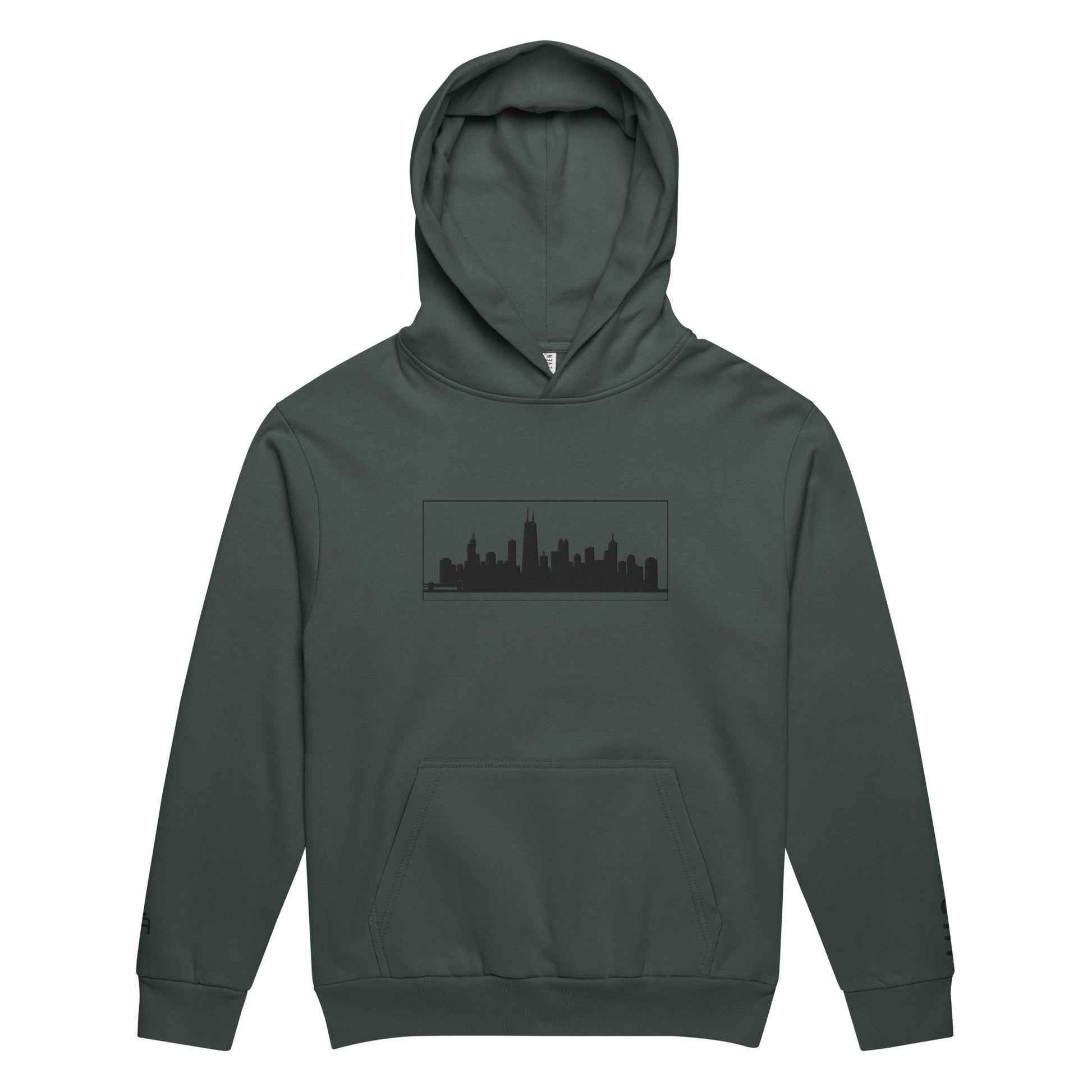 Midnight navy color Chicago Edition heavyweight urban hoodie featuring 10oz fleece and high-density Chicago skyline embroidery | Our City | An Athlete Trains