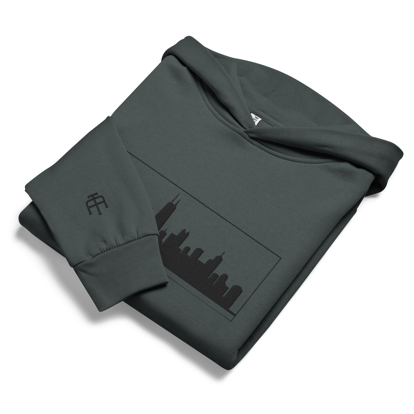 Midnight navy color Chicago Edition heavyweight urban hoodie featuring 10oz fleece and high-density Chicago skyline embroidery | Our City | An Athlete Trains