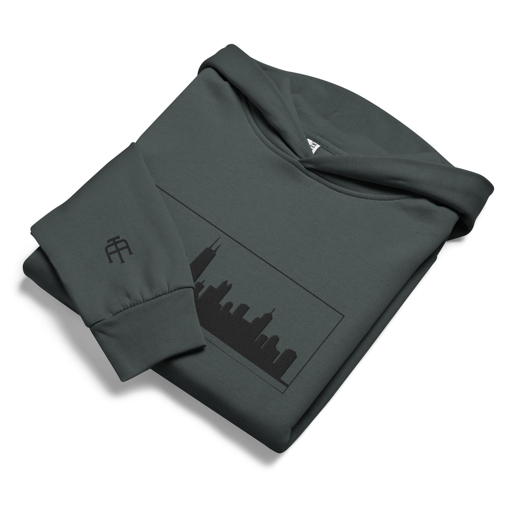 Midnight navy color Chicago Edition heavyweight urban hoodie featuring 10oz fleece and high-density Chicago skyline embroidery | Our City | An Athlete Trains