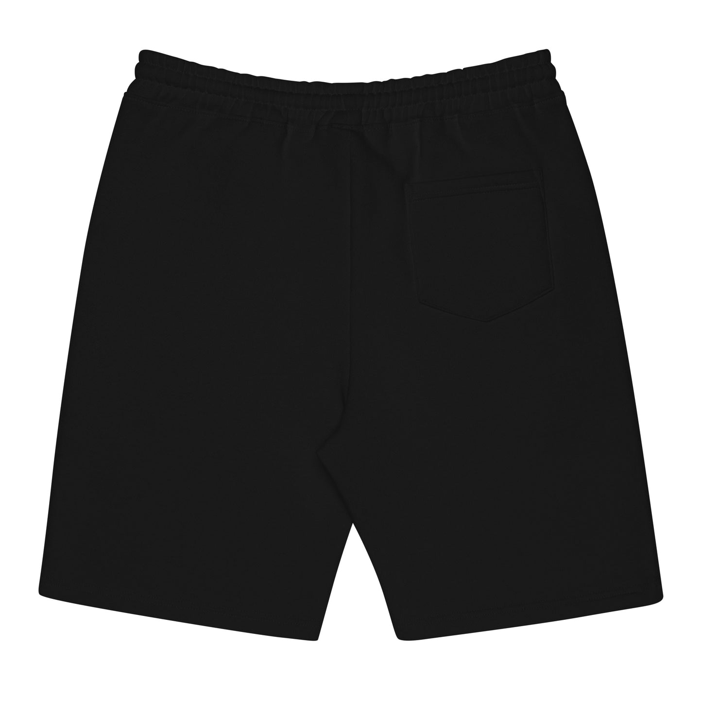 Men's relaxed fleece shorts with jersey-lined pockets in black with elastic waistband. Back view showing back pocket - An Athlete Trains.