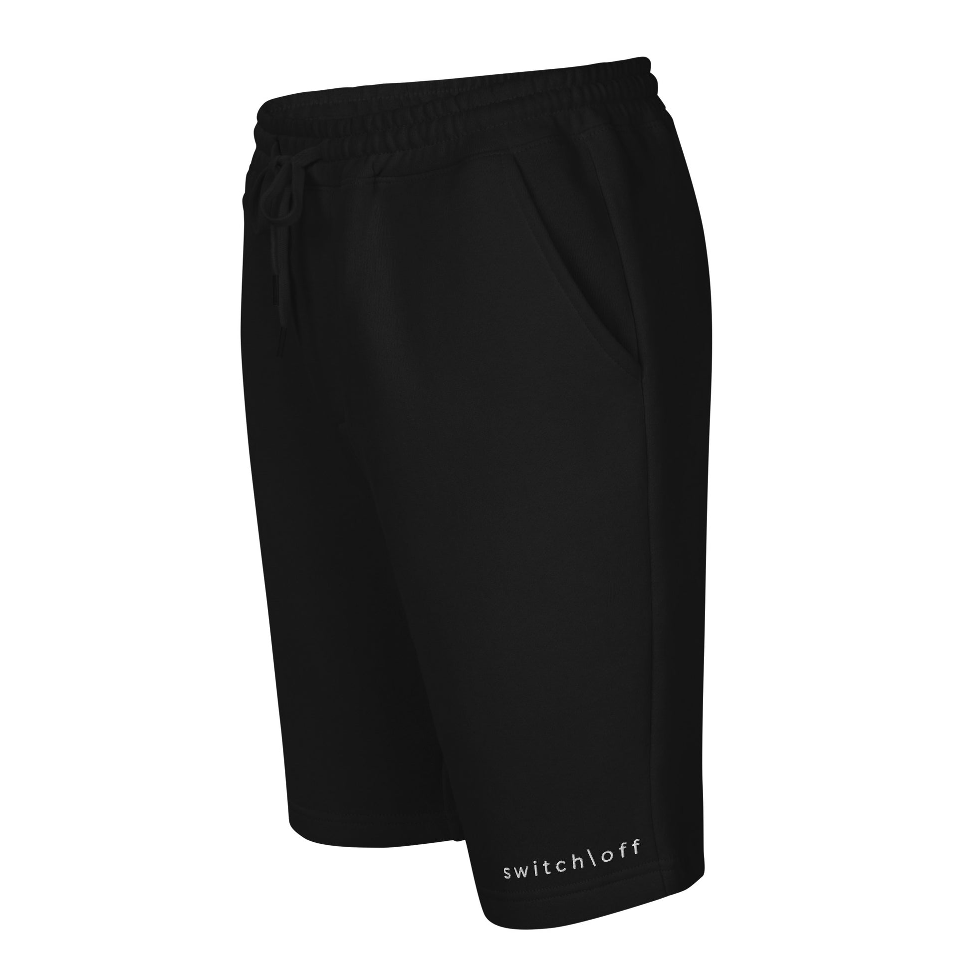 Men's relaxed fleece shorts with jersey-lined pockets in black with white switch\off and logo embroidery - An Athlete Trains.