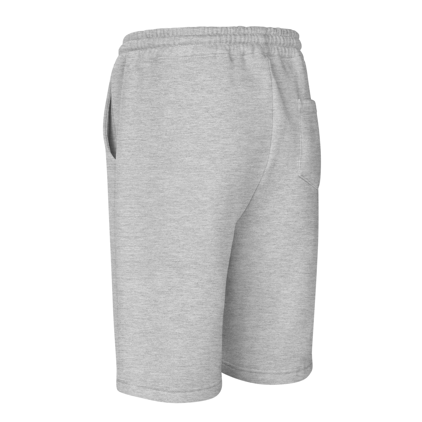 Men's relaxed fleece shorts with jersey-lined pockets in gray with elastic waistband. Back view showing back pocket - An Athlete Trains.