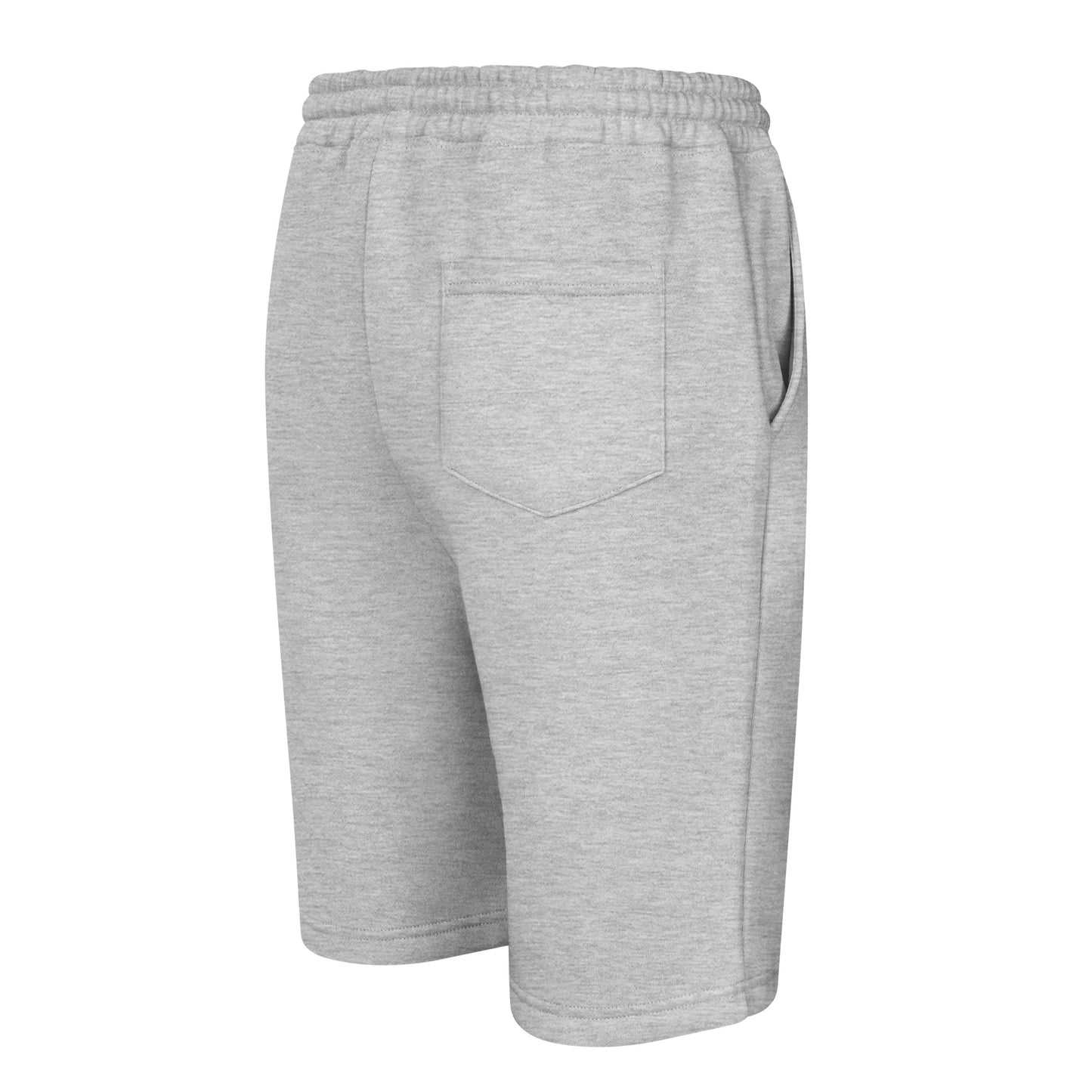 Men's relaxed fleece shorts with jersey-lined pockets in gray with elastic waistband. Back view showing back pocket - An Athlete Trains.
