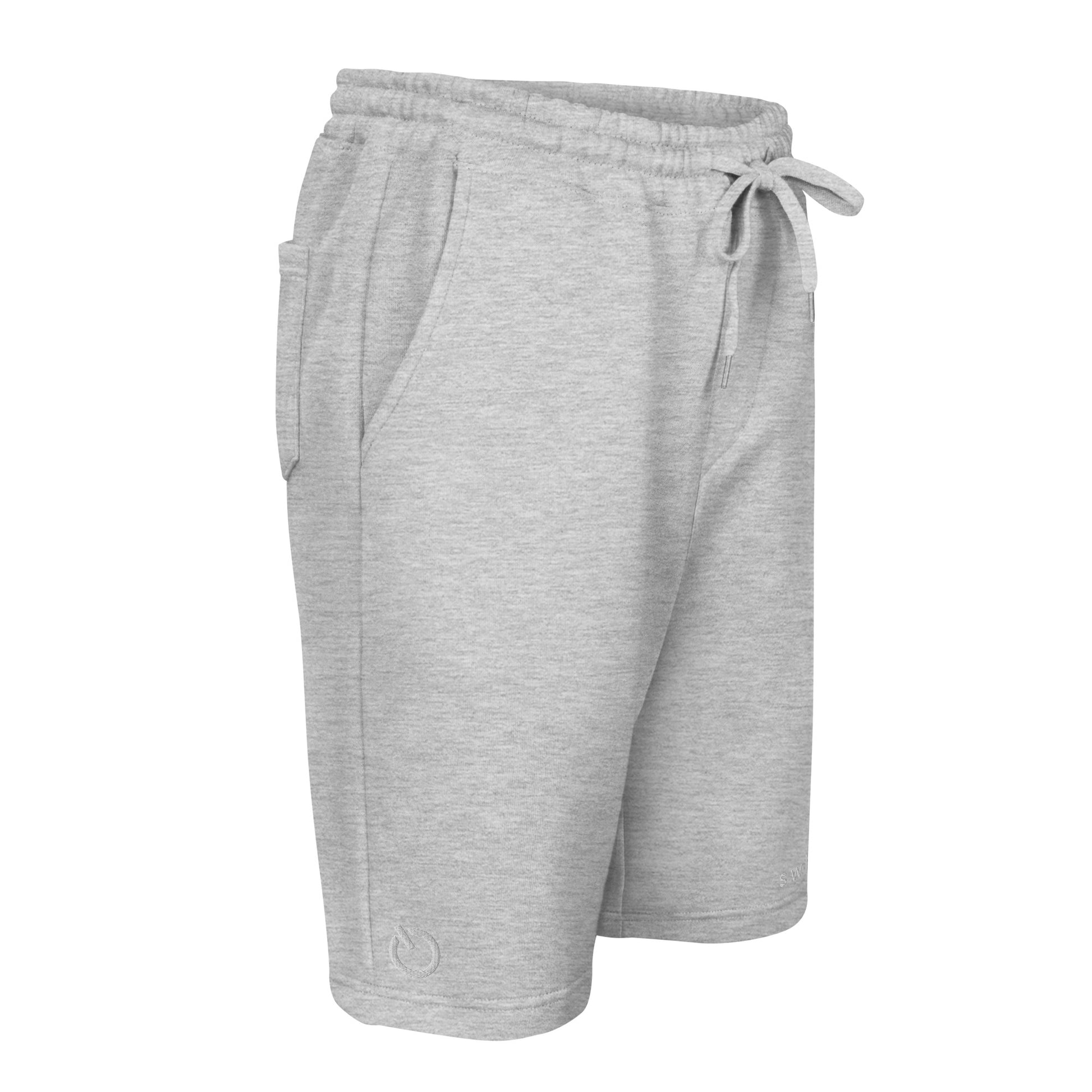 Men's relaxed fleece shorts with jersey-lined pockets in gray with white switch\off and logo embroidery - An Athlete Trains.