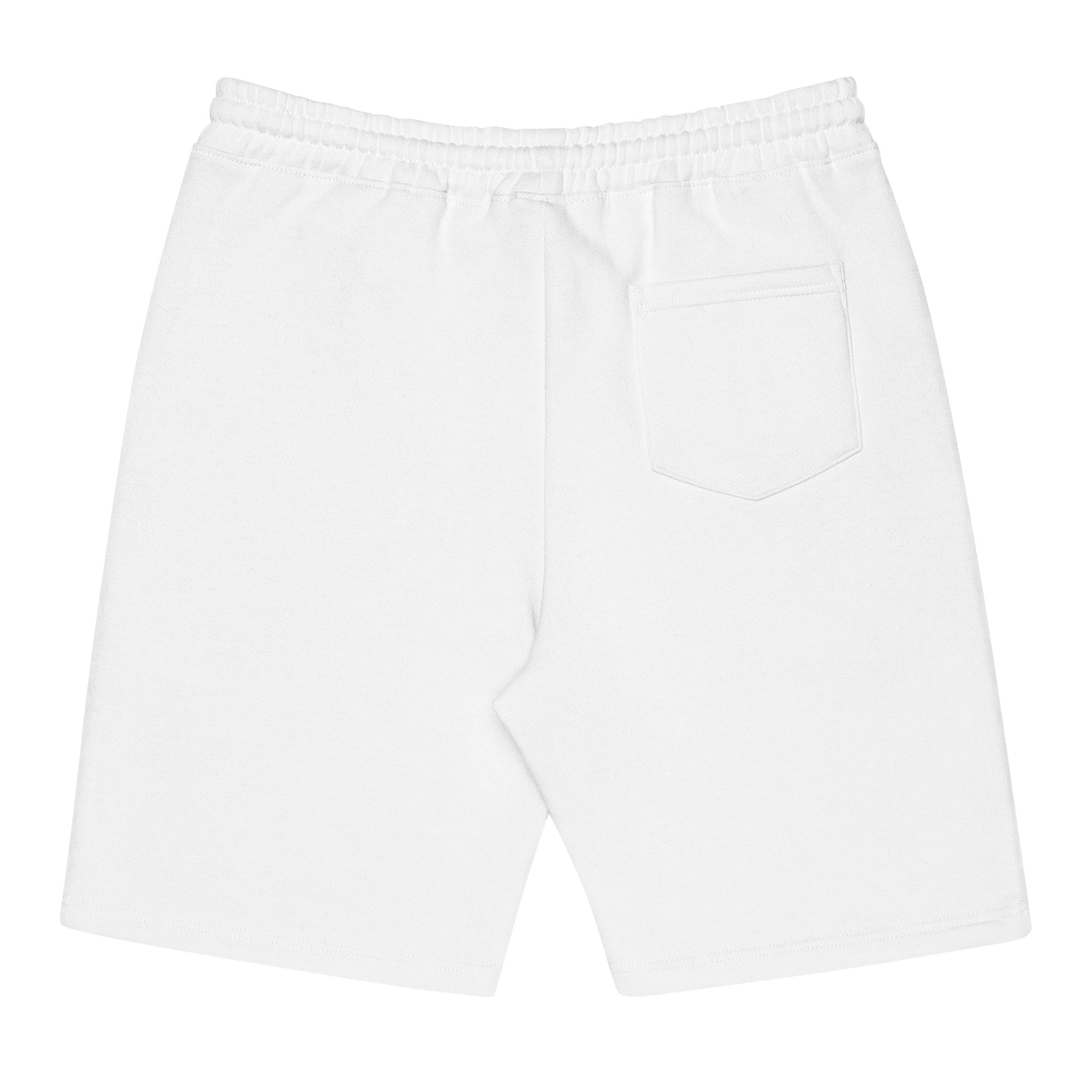 Men's relaxed fleece shorts with jersey-lined pockets in white with elastic waistband. Back view showing back pocket - An Athlete Trains.