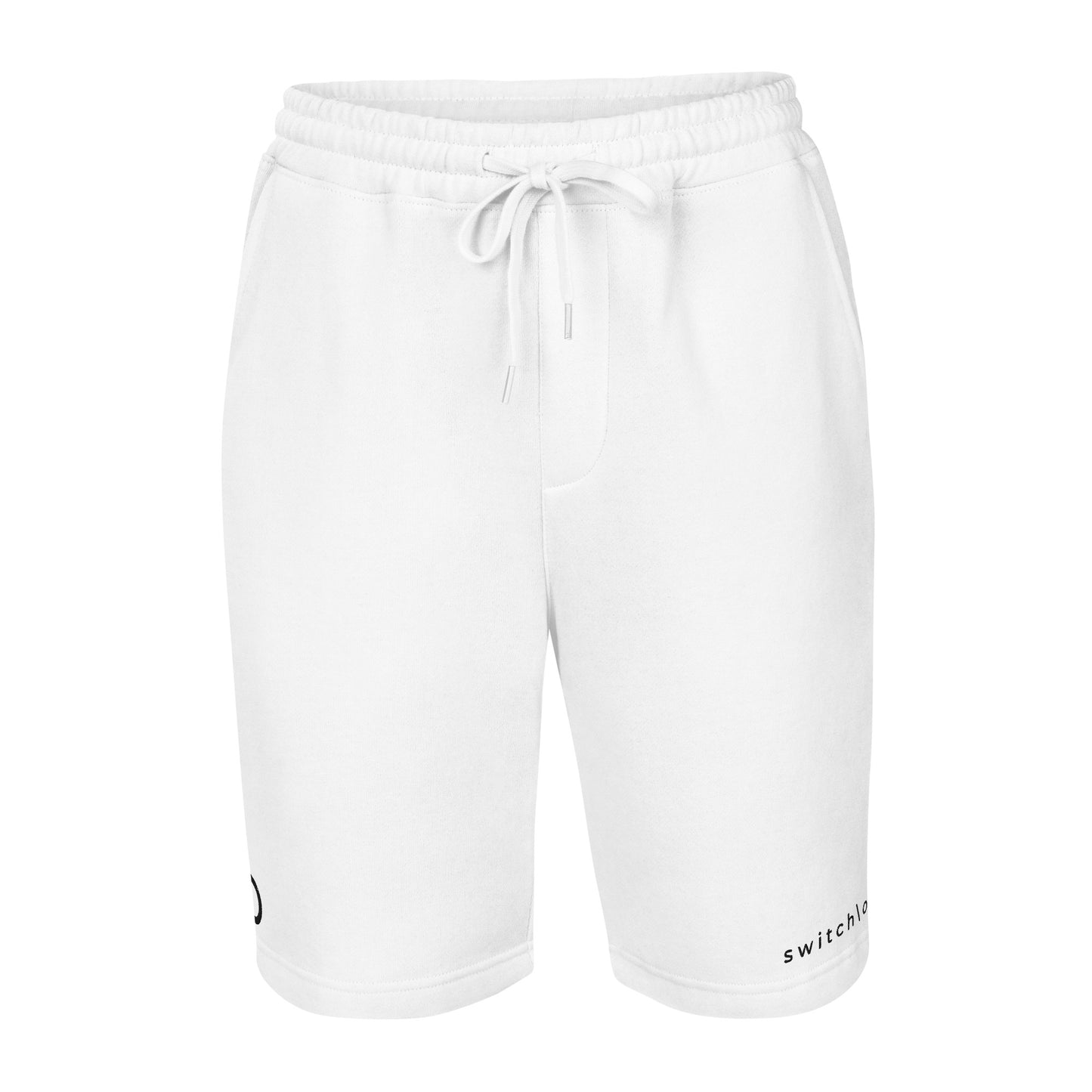 Men's relaxed fleece shorts with jersey-lined pockets in white with black switch\off and logo embroidery - An Athlete Trains.
