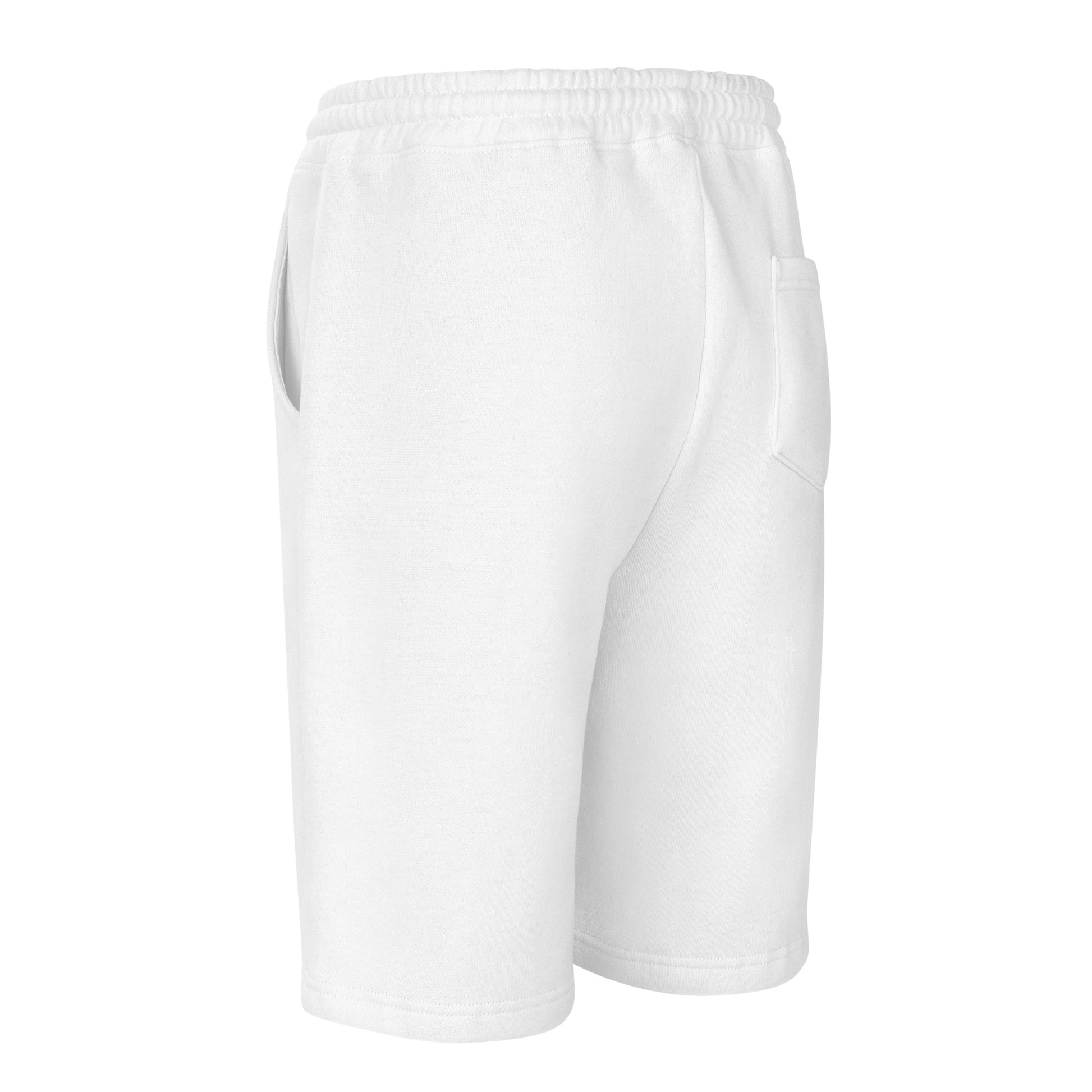 Men's relaxed fleece shorts with jersey-lined pockets in white with elastic waistband. Back view showing back pocket - An Athlete Trains.