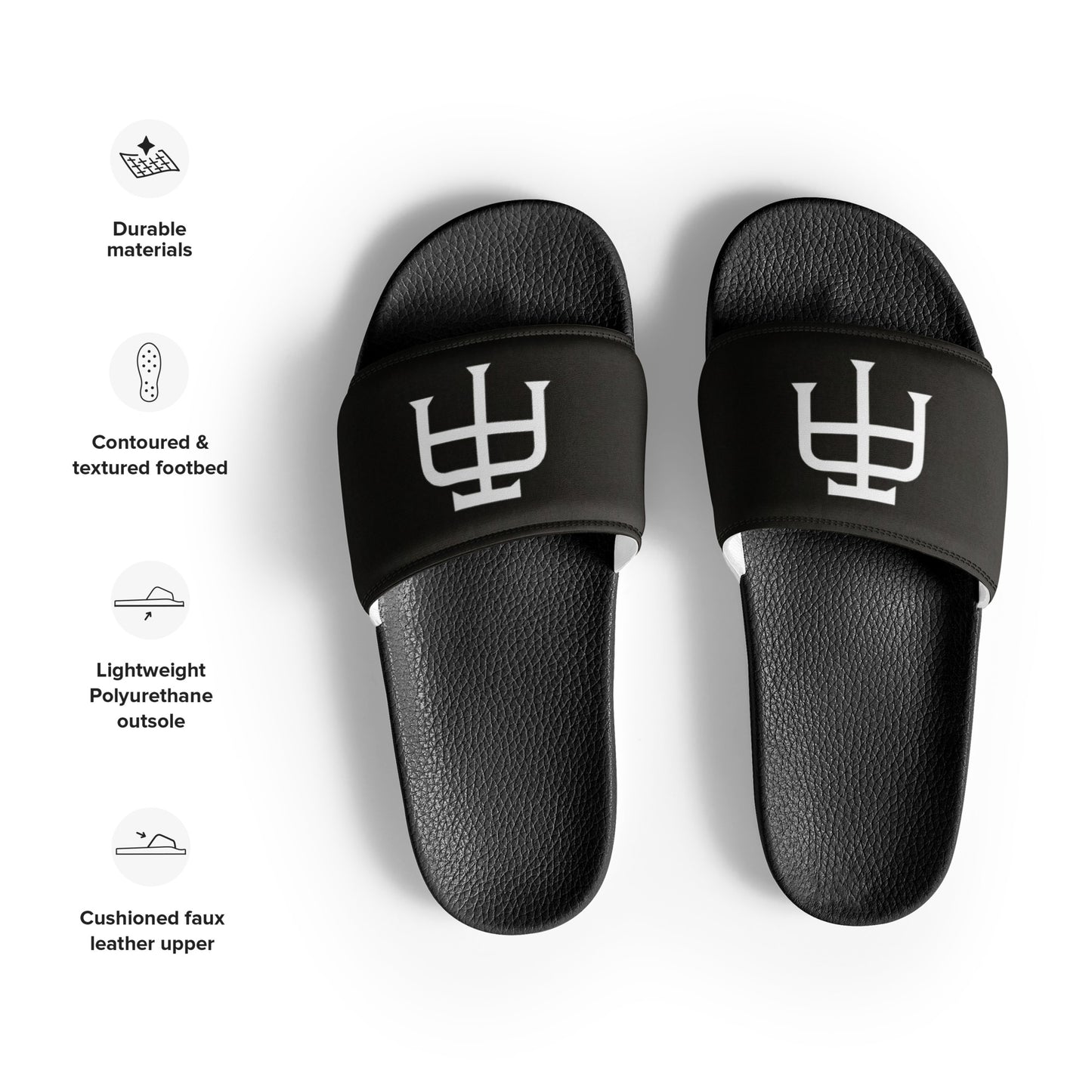 Men’s black slides with cushioned upper strap, textured footbed and a faux leather upper