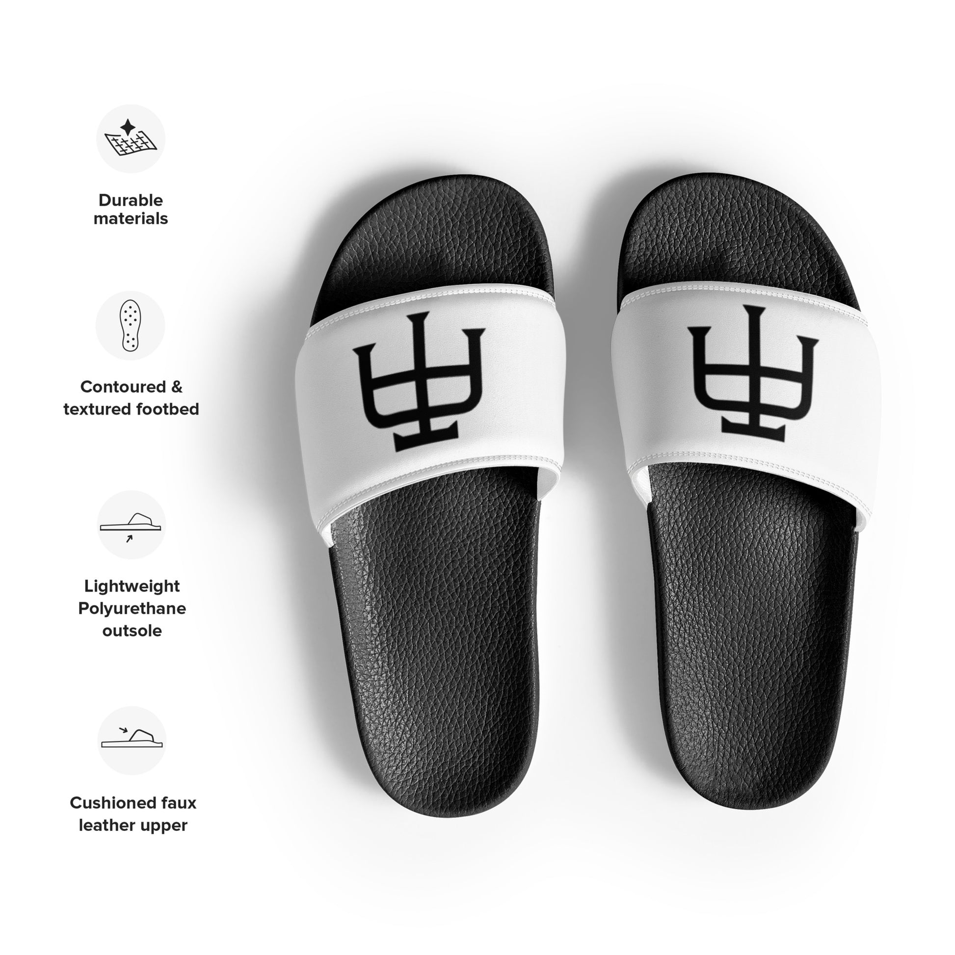 Men’s black slides with cushioned upper strap, textured footbed and a white faux leather upper