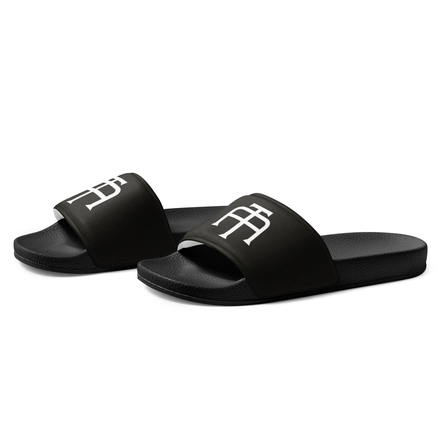 Men’s black slides with cushioned upper strap, textured footbed and a faux leather upper