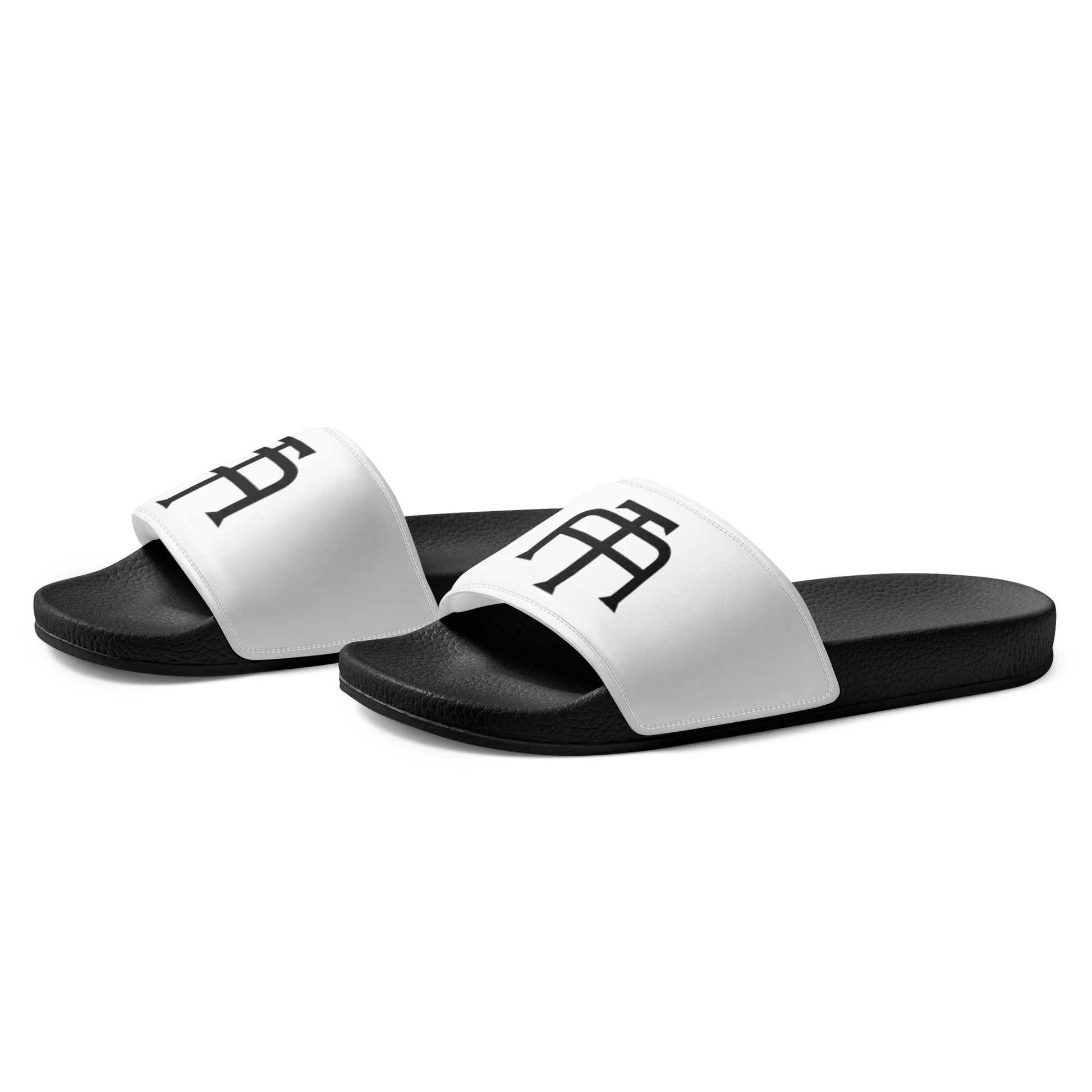 Men’s black slides with cushioned upper strap, textured footbed and a white faux leather upper