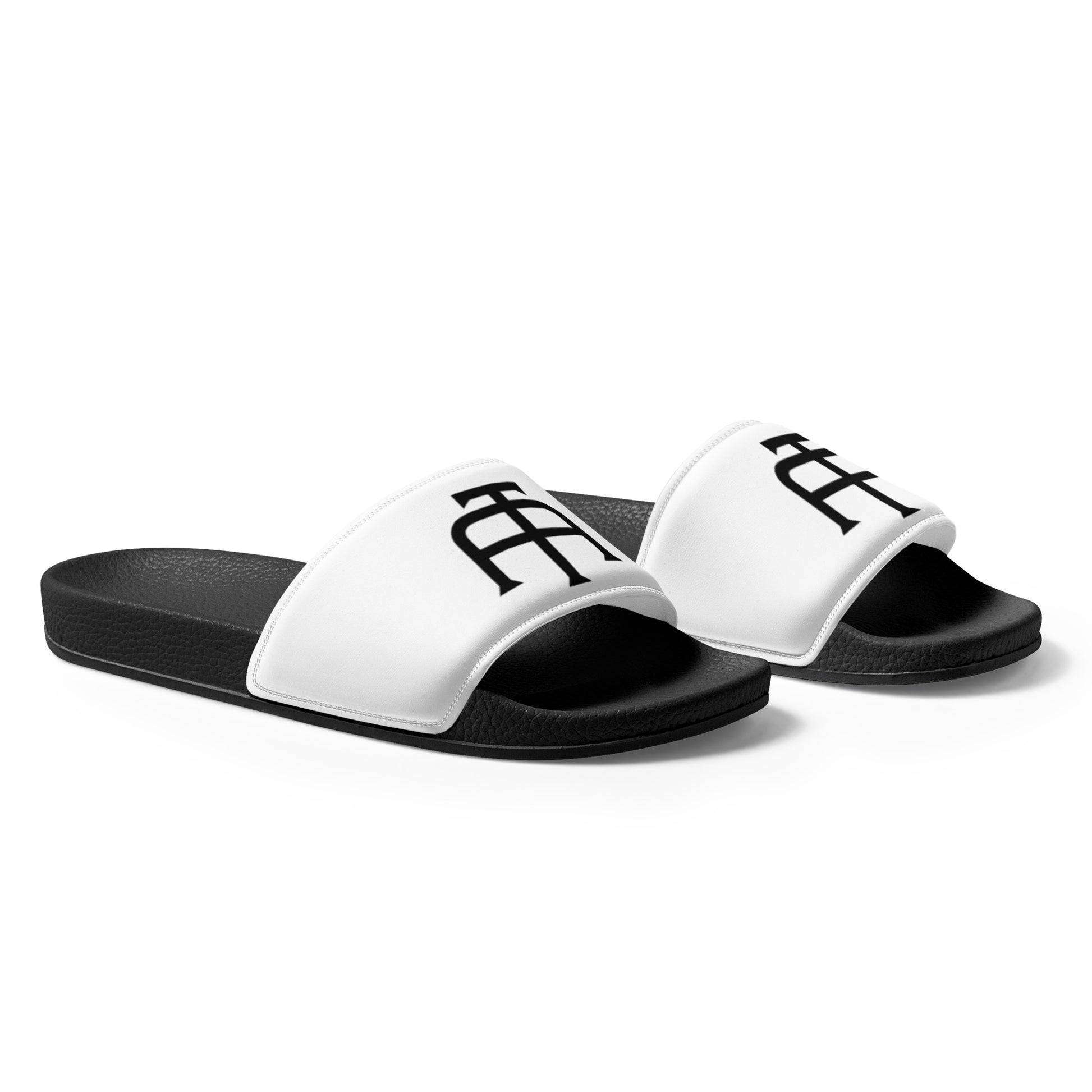 Men’s black slides with cushioned upper strap, textured footbed and a white faux leather upper