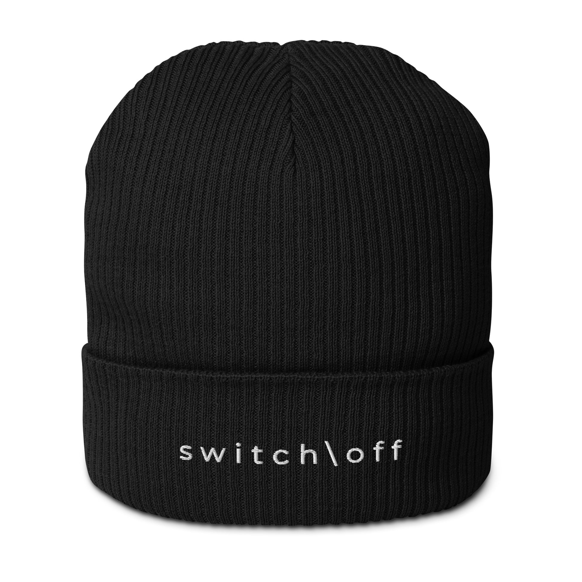 Organic cuffed ribbed beanie in black with white switch\off embroidery - An Athlete Trains recovery gear.