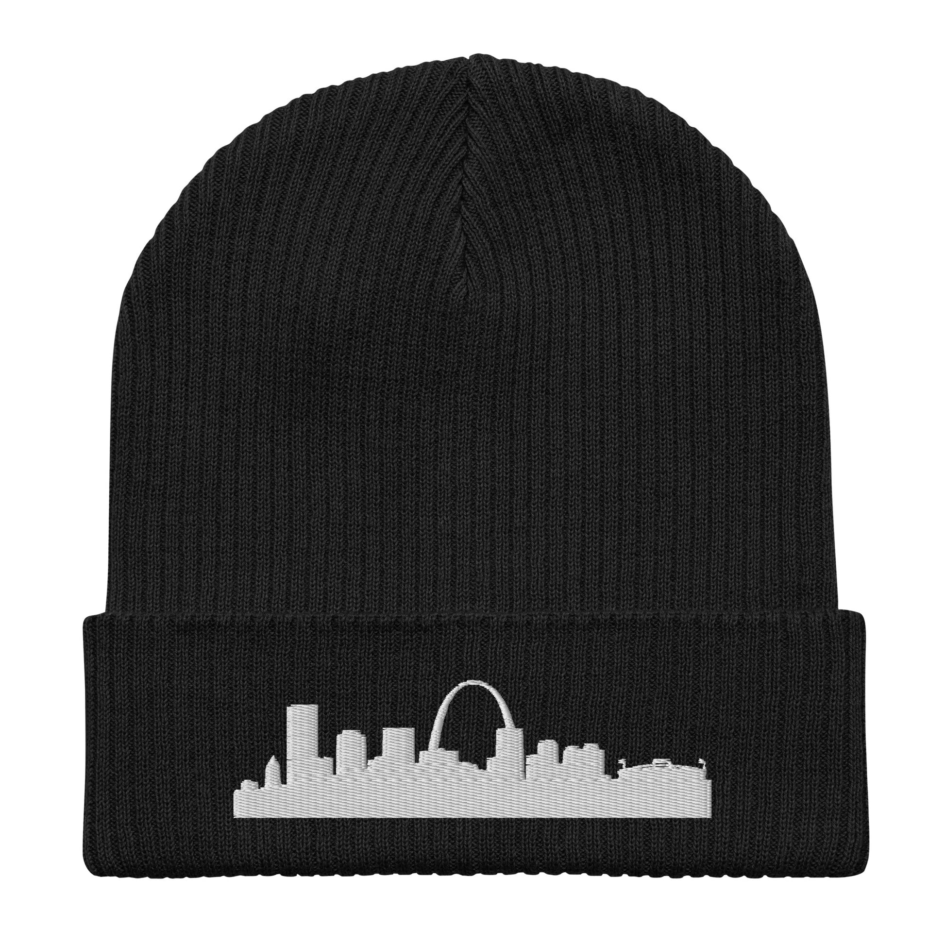 St. Louis Edition Organic Ribbed Beanie in black with premium white embroidery | Our City | An Athlete Trains